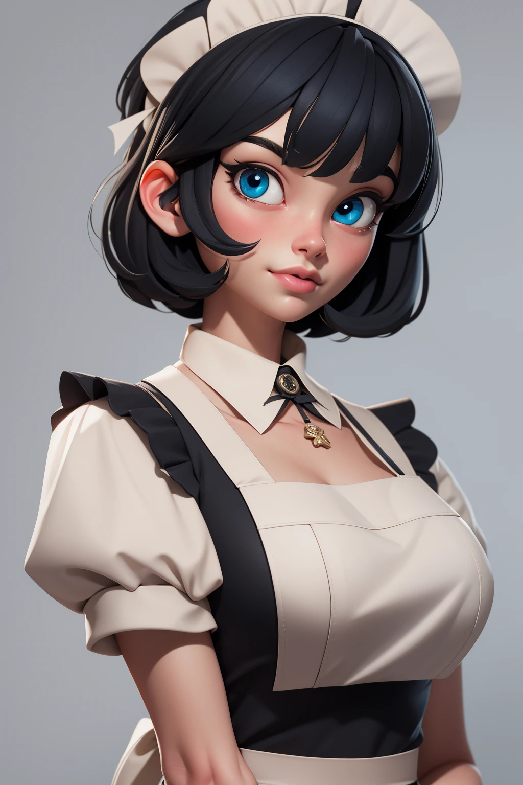 3dmm style,masterpiece, best quality,3d rending work ,3DMM style,close-up,portrait, 3D,1girl, solo, black hair, maid, white maid headdress, short hair, bangs, blue eyes, apron, upper body, ribbon, blunt bangs, frills, bob cut, grey background, lips, masterpiece, best quality,
