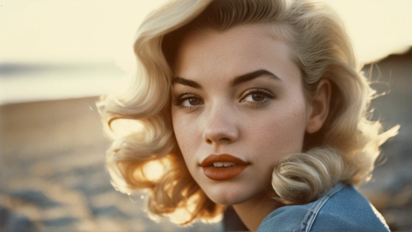 AnalogRedmAF,
age Girl Portrait, Analog Collodion, Dreamy Expression, 1960s, Sunset Lighting, Denim Texture, Beach Background, Spiral Composition, Organic Grain, Soft Focus on Lips, Marilyn Monroe
, <lora:AnalogRedmond-AnalogRedmAF-Repet5-100-NewMulti-DIM128-SNR4:1>