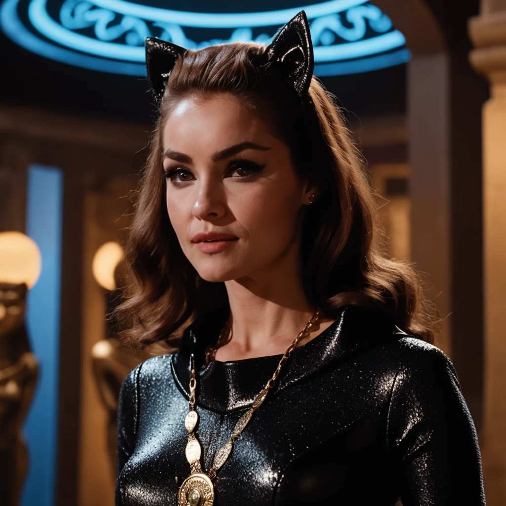 cinematic photo close-up catwoman woman, inside a vintage museum, background of egyptian cat sculptures, nightime, high contrast . 35mm photograph, film, bokeh, professional, 4k, highly detailed <lora:catwoman12GBv2-000004:0.7>