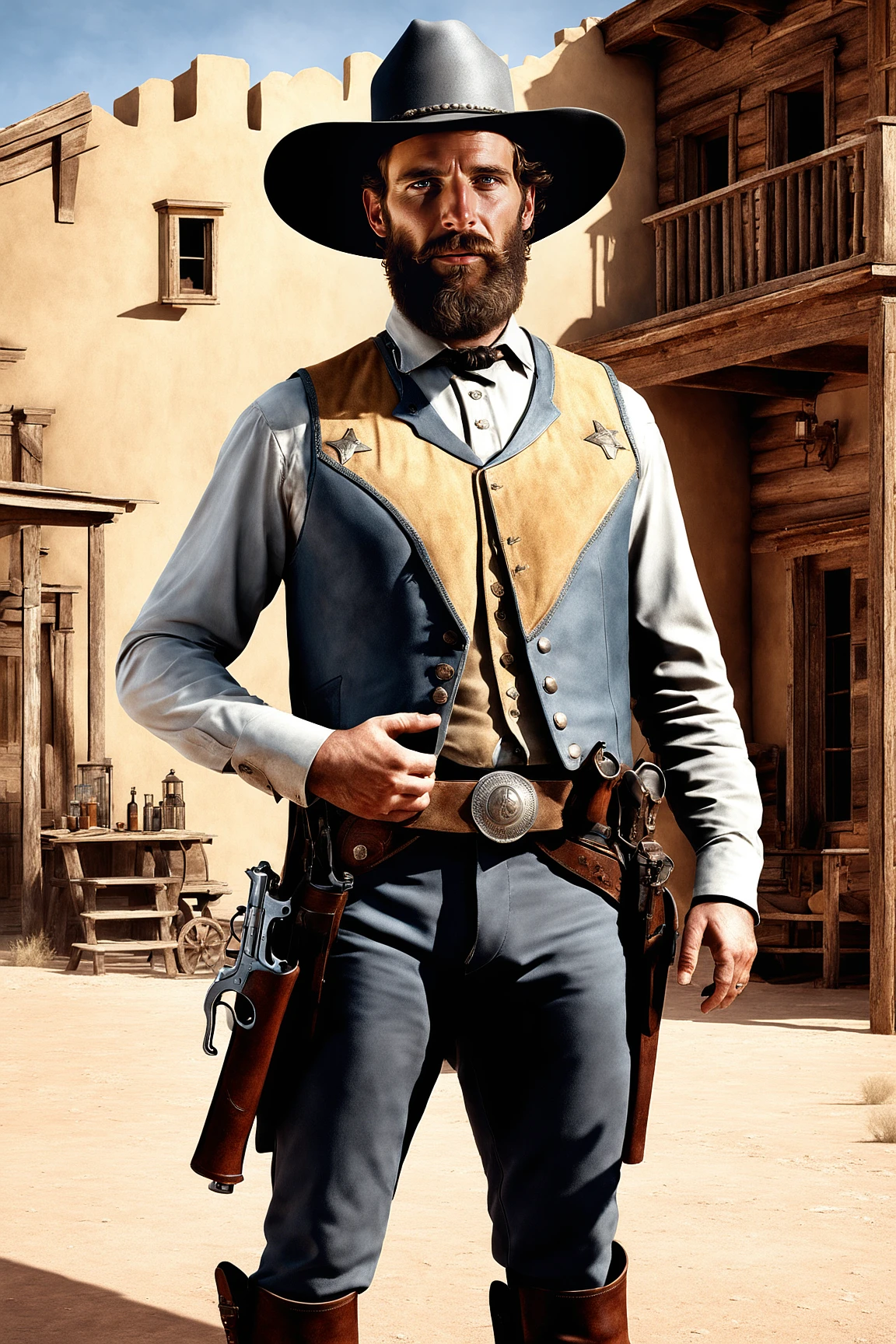 Masterpiece best quality, Body Shot, Photo of a (young:1.2) rustic western <cowboy|sheriff|deputy|robber|prospector|bandit> with <mustached|bearded|shaven> <dirty|clean|sooty|greasy> face, <busy saloon|gambling parlor|jailhouse|western old train station|ghost town|mining town|desert|river|mountains|noon, main street, shootout scene>

Photo Realistic Details, Like-like texture, Global Illumination, Path Tracing, PBR, physically based rendering