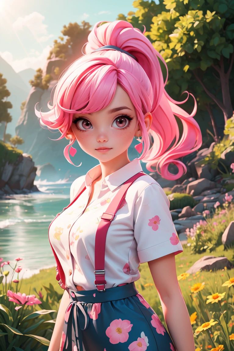(masterpiece, best quality), 1girl, wavy hair, looking at viewer,upper body, suspenders, floral print, ponytail, pink hair, sunlight ,<lyco:GoodHands-beta2:1>,scenery,