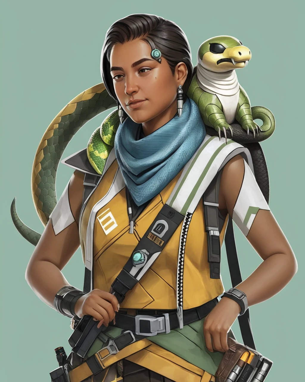 cyberfuture, ( a woman with a snake on her shoulder, loba andrade from apex legends, starfinder character), ornate cyberpunk robes, sci-fi tibetan fashion, hacknaut cyberpunk, (masterpiece:1.3), (best quality:1.4), intricate, highly detailed:1.1, by amy judd and brooke didonato, sharp focus, natural lighting, subsurface scattering, f2, 35mm, film grain,(photorealistic:1. 4),(8k, RAW photo:1. 2), (best quality:1. 4),(ultra highres:1. 2) <lora:cyberfuture-000018:.7>