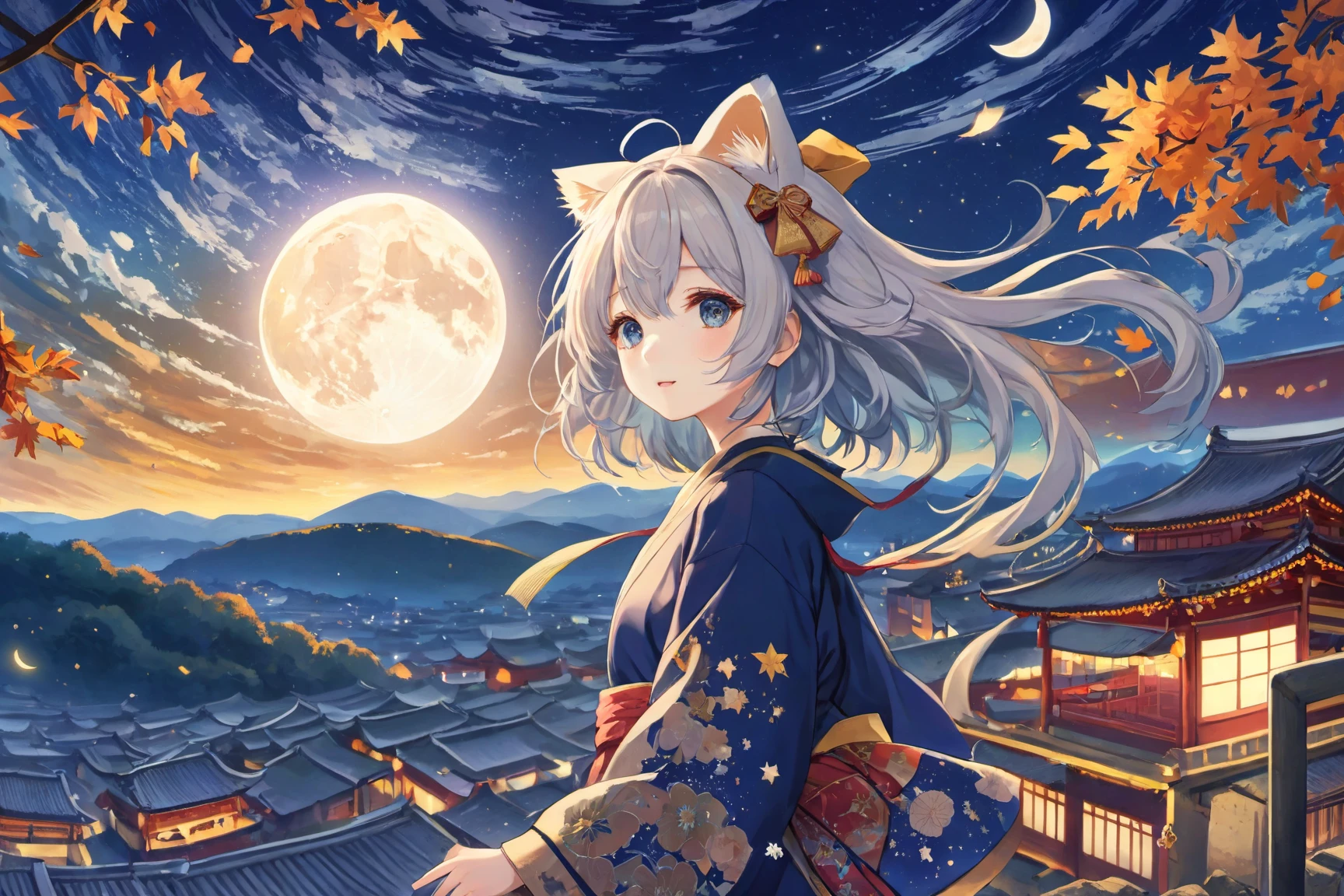 ultra-detailed,(best quality),((masterpiece)),(highres),original,extremely detailed 8K wallpaper,(an extremely delicate and beautiful),((detailed face)),beautiful detail eyes,
\\,
anime,suga,torino,
1girl,animal ears,chinese clothes,autumn,night,a busy street,starry sky,shooting star,moon, 
<lora:suga_xl-000010:0.3> <lora:torino_xl:0.3>,