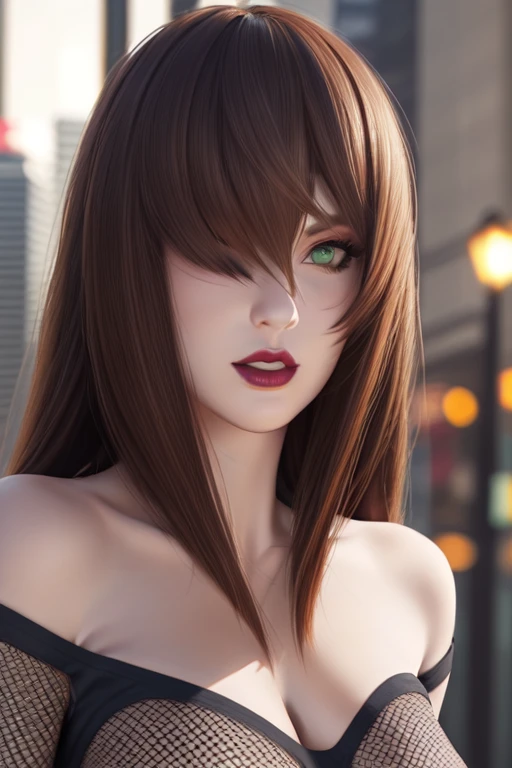 ((best quality)), ((highly detailed)),photorealistic, realistic, 3d realism, 8k quality cq, masterpiece, hdr, glow, natural skin texure, (every hair is drawn:1.3), <lora:hairdetailer:0.9>, <lora:Terumi Mei V2:0.7>, mature woman, long face, long hair, curvy, city, bangs, (light brown hair:1.4), collarbone, depth of field, eyeliner, eyeshadow, fishnet legwear, fishnets, city background, green eyes, hair between eyes, bun hair, bun hair in center of head, hair ring, large breasts, lips, lipstick, long hair, looking at viewer, makeup, medium breasts, nature, off shoulder, one eye closed, open mouth, outdoors, park, parted lips, portrait, red hair, red lips, sleeveless, smile, solo, upper body