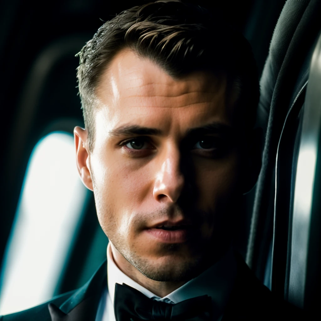 face portrait of carryfit person using a tuxedo, in blade runner, professional photography, high resolution, 4k, detailed photo, <lora:carryfit_29700:1>