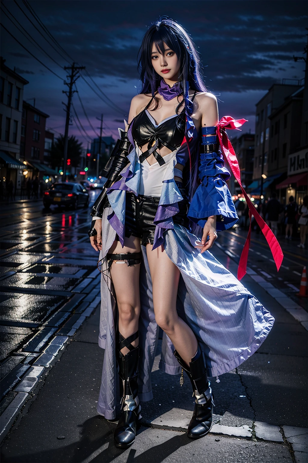 best quality, masterpiece, realistic, (photorealistic:1.4), 1girl, solo, full body, seele cosplay costume, cosplay, purple hair, bare shoulders, detached sleeves, gloves, boots, looking at viewer, detailed background, outdoors, night, <lora:seela_cosplay_costume_v1:0.7>