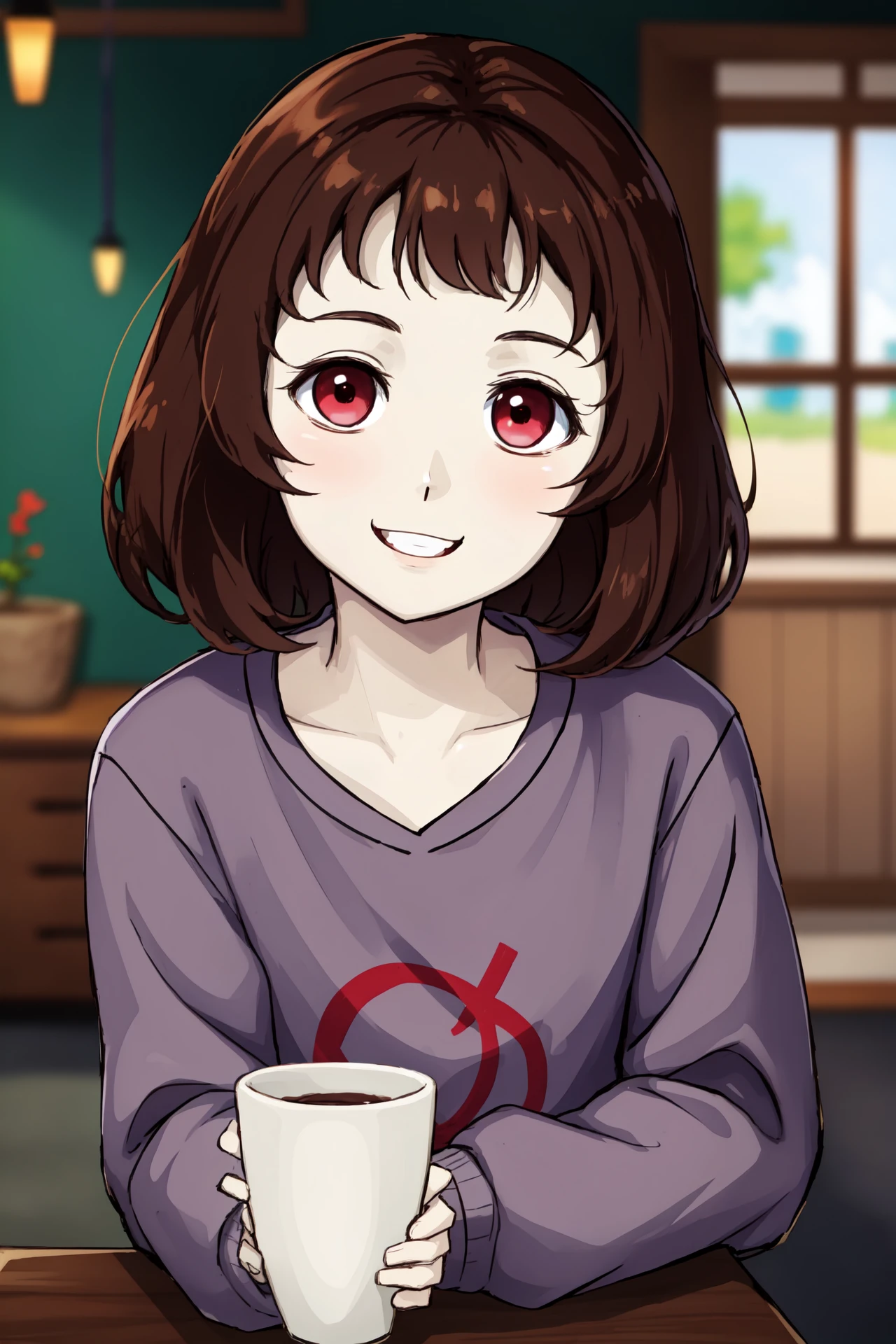 <lora:Milk-chan-13:0.6> M-chan, pale skin, brown hair, smile, 1girl, depth of field, indoors background,