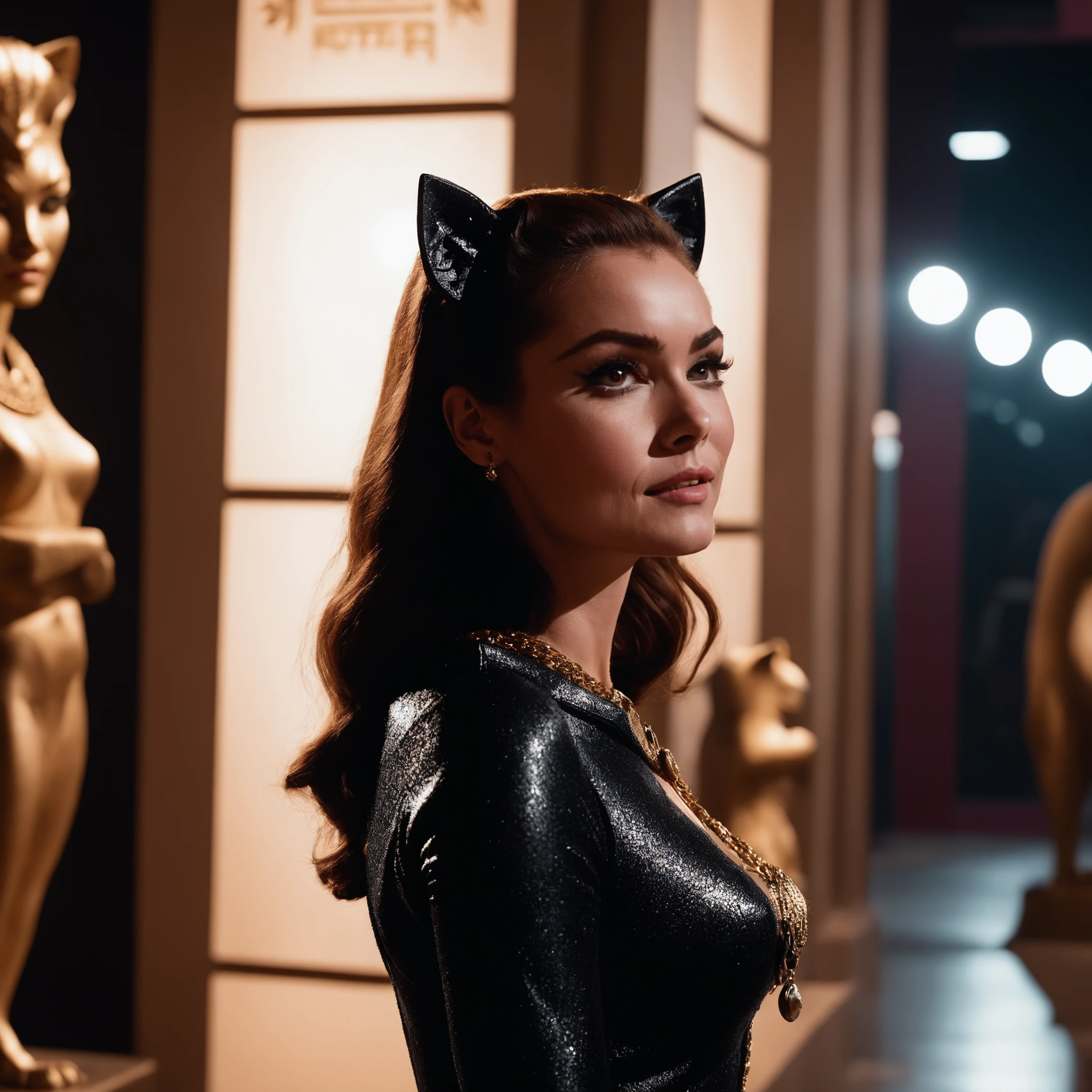 cinematic photo medium shot, from side, catwoman woman, inside a vintage museum, background of egyptian cat sculptures, nightime, high contrast . 35mm photograph, film, bokeh, professional, 4k, highly detailed <lora:catwoman12GBv2-000004:0.7>