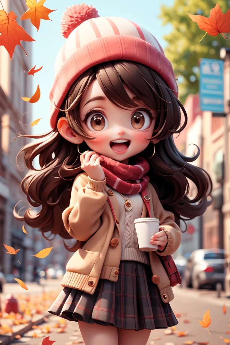 extremely detailed, intricate, masterpiece, absurdres,1girl, (\:d:1.0) autumn leaves, chibi,bangs, black headwear, blurry background, blush, brown eyes, brown hair, brown scarf, brown skirt, cardigan, cowboy shot, disposable cup, falling leaves, beanie, holding, holding coffee, leaf, long hair, long sleeves, looking at viewer, open cardigan, open mouth, plaid skirt, puffy long sleeves, red sweater, scarf, shirt tucked in, sidelocks, skirt, smile, solo, sweater, white shirt,, <lyco:GoodHands-beta2:1.0> <lora:more_details:0.3>
