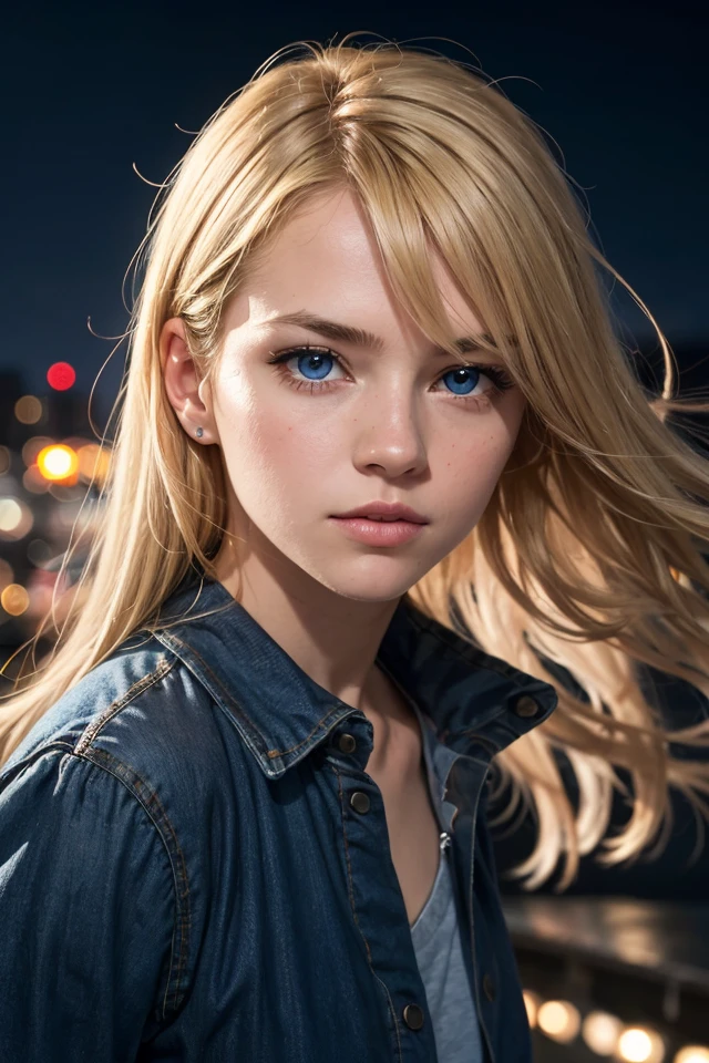 1girl,blonde hair,blue eyes,floating hair,long hair,detailed face,city,night,realistic,cinematic lighting,RAW Photo