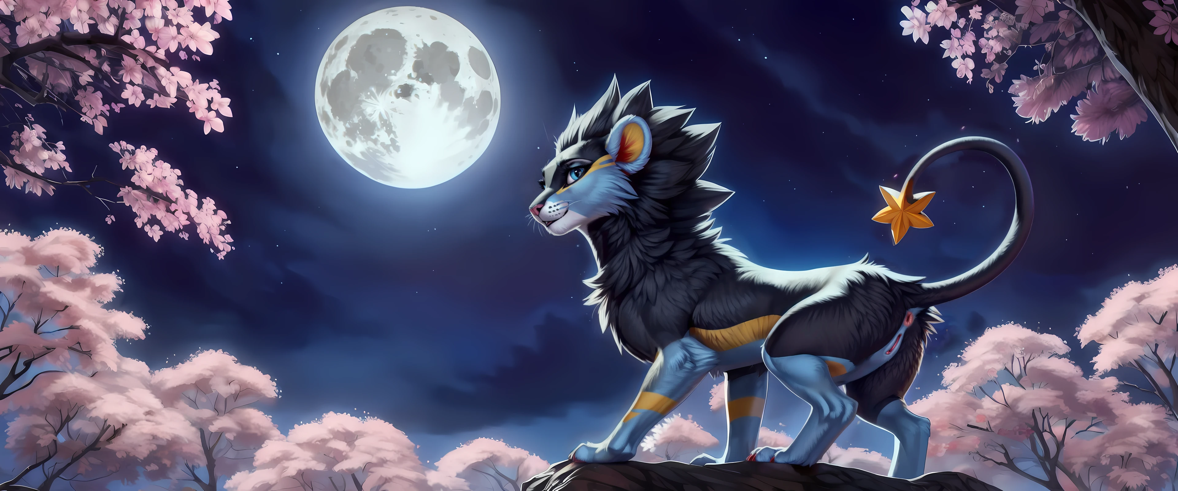 ((solo)), luxray, feral, female, paws, looking at viewer cherry blossom, night, full moon, [best quality, shaded, extreme detail, highly detailed, ultradetailed, intricate, realistic], detailed background, by Enki Bilal, by wolfy-nail, by Michael & Inessa Garmash, Ruan Jia, by drmax, female, anatomically correct, anus, (anatomically correct pussy), (feline pussy), animal pussy, pussy, in heat, y anus, glistening genitalia,