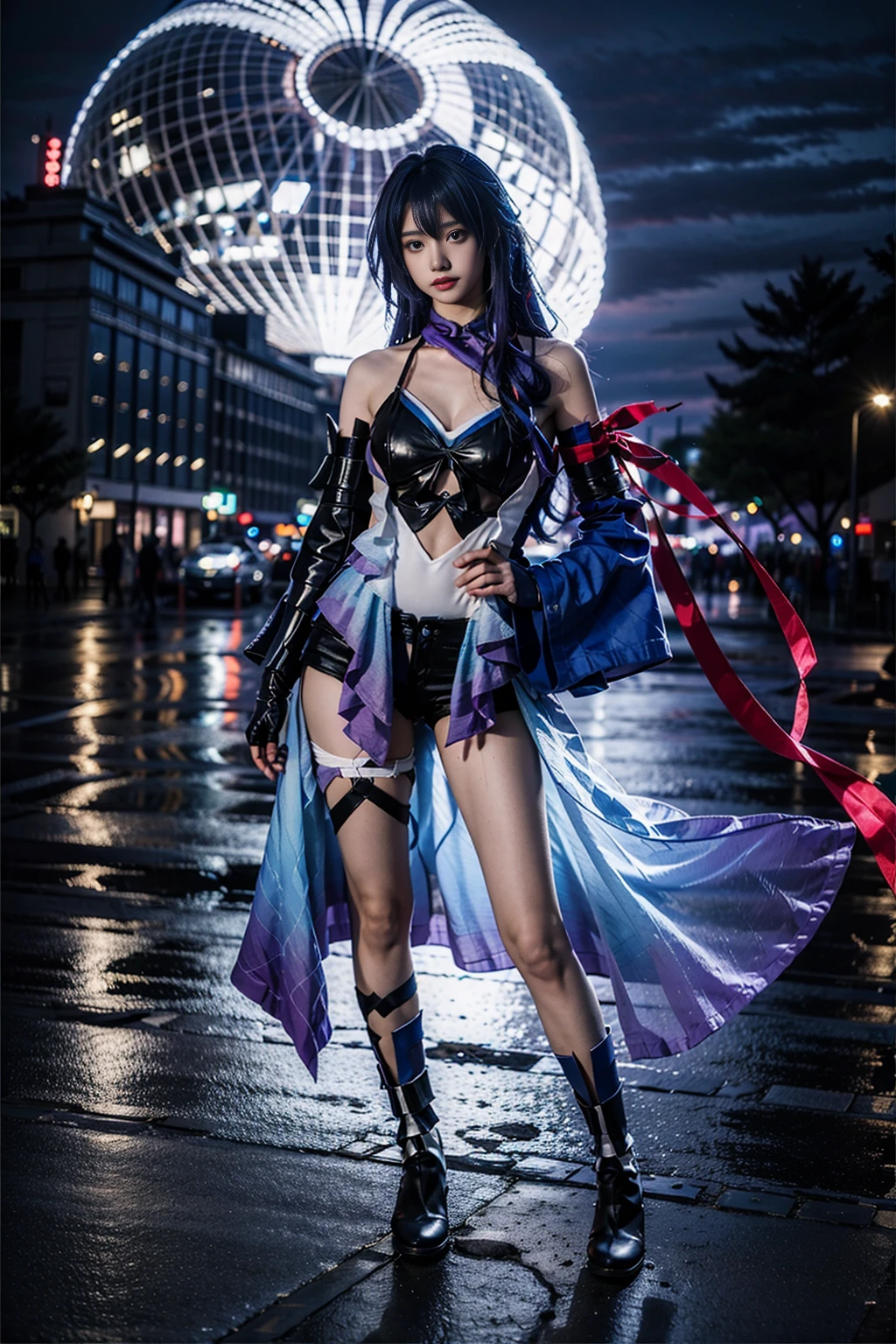 best quality, masterpiece, realistic, (photorealistic:1.4), 1girl, solo, full body, seele cosplay costume, cosplay, purple hair, bare shoulders, detached sleeves, gloves, boots, looking at viewer, detailed background, outdoors, night, <lora:seela_cosplay_costume_v1:0.7>