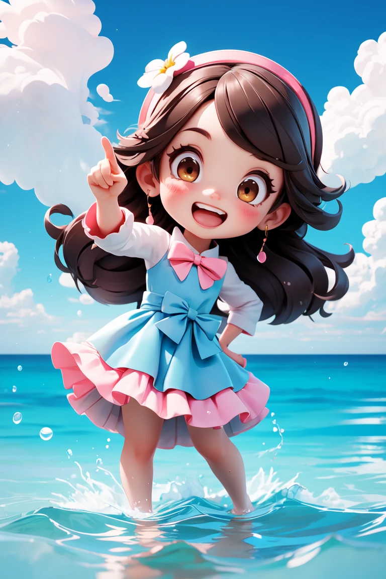 masterpiece,best quality,dramatic, 1girl, solo, long hair, brown hair, detached sleeves, open mouth, smile, outdoors, water, sky, day, hand on hip, hair ornament, pointing, cloud, ocean, dress, blush, blue dress, wading, blue sky, bow, standing, :d, frills, beach, bangs, barefoot, hair flower, skirt, ^_^, facing viewer, bowtie, teeth, <lyco:GoodHands-beta2:1.0>