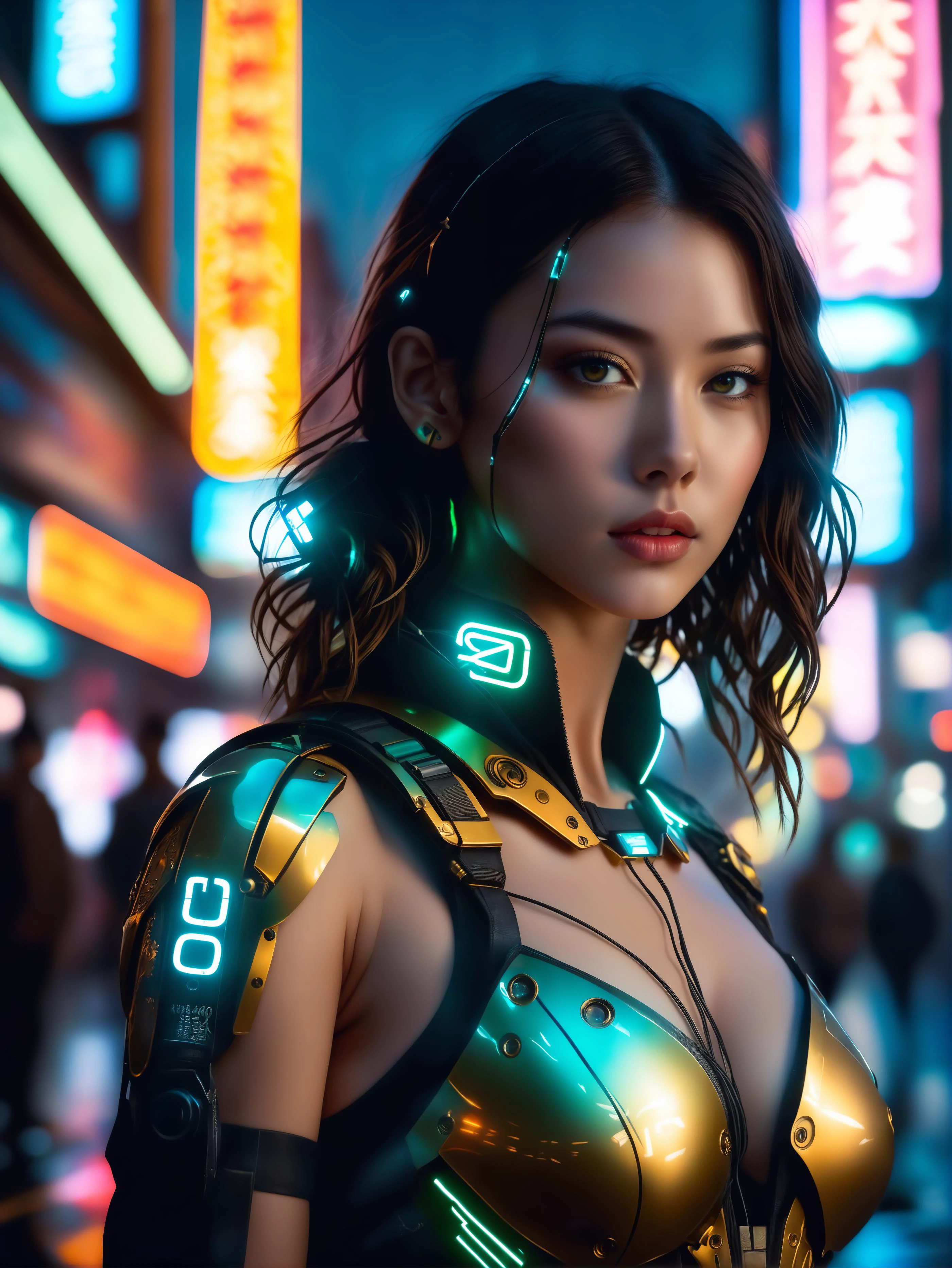 cyberpunk girl, glowing wires, dark city, reflective puddles, neon signs,, Photorealistic, Hyperrealistic, Hyperdetailed, analog style, soft lighting, subsurface scattering, realistic, heavy shadow, masterpiece, best quality, ultra realistic, 8k, golden ratio, Intricate, High Detail, film photography, soft focus, RAW candid cinema, 16mm, color graded portra 400 film, remarkable color, ultra realistic,