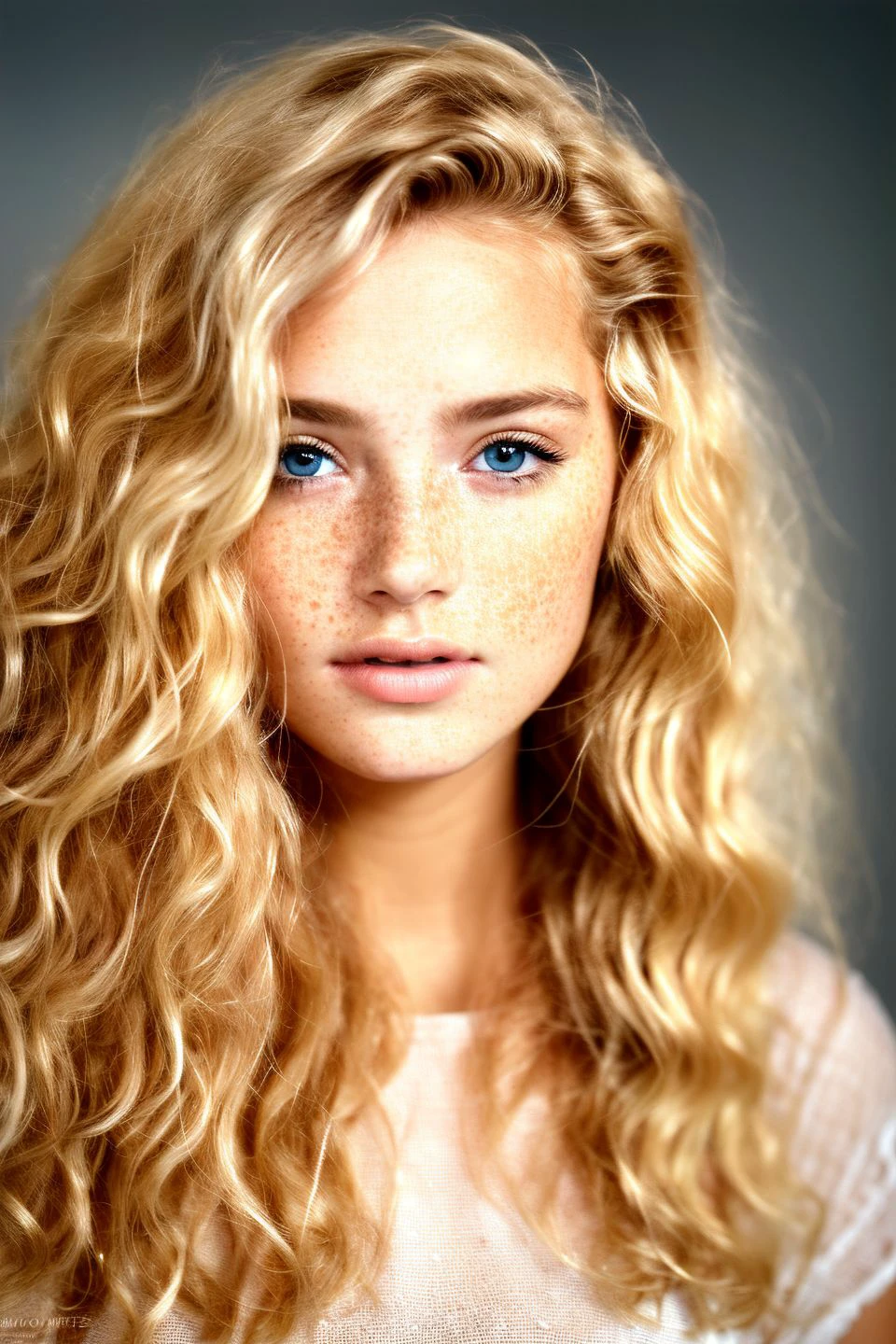 a portrait photo of a beautiful woman with curls and lots of freckles, (dirty blonde hair), (face portrait:1.5), detailed face, detailed hair, textured skin, remarkable detailed pupils, realistic dull skin noise, visible skin detail, skin fuzz, dry skin
(8k, RAW photo, dslr, hdr, highest quality), (realistic shadows), intricate details, muted colors, professional, soft volumetric lighting, depth of field, film grain, smooth, real life, photographed on a Canon EOS R5, Fujifilm XT3