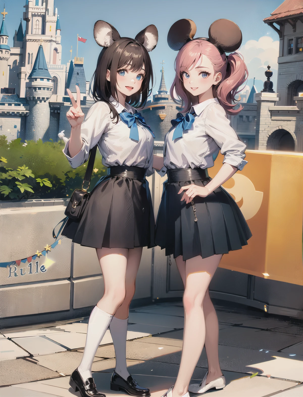 masterpiece, best quality,
full body,
((2 young girls standing together)),small breast,looking at viewer,jk fashion blue, lauge,peace sign,
<lora:jk fashion_v2:0.8>,
day,in a disney land,Castle, squirrel ears,Rides, Parades,Fantasyland, Adventureland, Costumes, Souvenirs, Theme shows