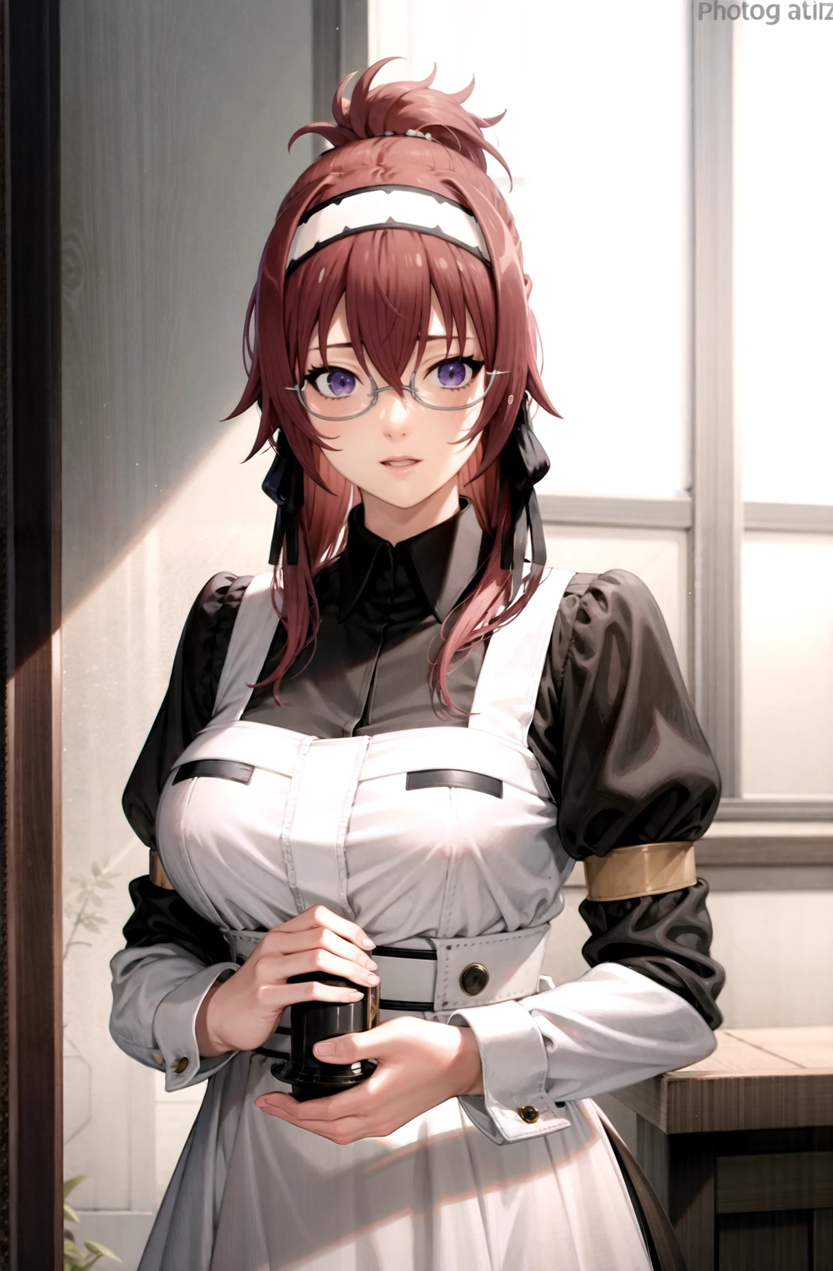 masterpiece, best quality,upper body, solo,     <lora:ANIME_LiliaGreyrat_aiwaifu:1>,    LiliaGreyrat_aiwaifu,red hair,long hair,glasses,hairband,purple eyes,bangs,large breasts,maid headdress,ribbon,semi-rimless eyewear,hair ribbon,under-rim eyewear,hair between eyes,black ribbon,folded ponytail,ponytail,sidelocks,maid,apron,long sleeves,maid headdress,shirt,dress,black shirt,puffy sleeves,black dress,juliet sleeves,maid apron,white apron,collared shirt,garter straps,garter belt,wrist cuffs,long dress,             realistic, ultra specular detailed, amazing artwork,HDR,  8k uhd, dslr, soft lighting, high quality, Nikon Z9, award winning best photography, intricate,detailed background,(well defined perfect hands, high detailed skin,detailed face:0.3), (absurdres,golden_ratio,highres, incredibly_absurdres:0.2),(scenery,sidelighting,masterpiece:0.5),