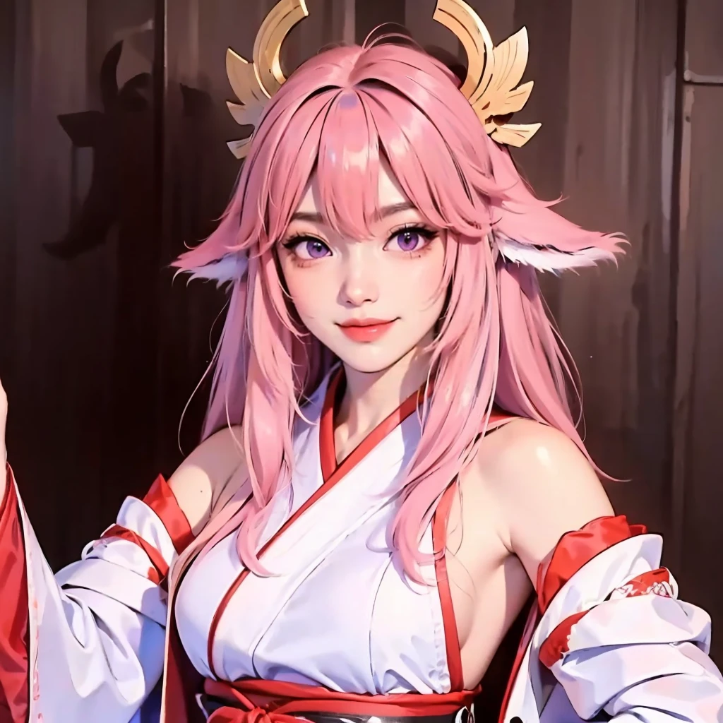 face lighting,bright backlight,super high resolution,best quality,Photos,4k,(Realistic:1.2),huli,1girl,(hair_ornament:1.2),(fake animal ears:0.7),pink hair,long long hair,smile,upper_body,purple eyes,japanese clothes,wide sleeves,<lora:huli_10:0.9>,