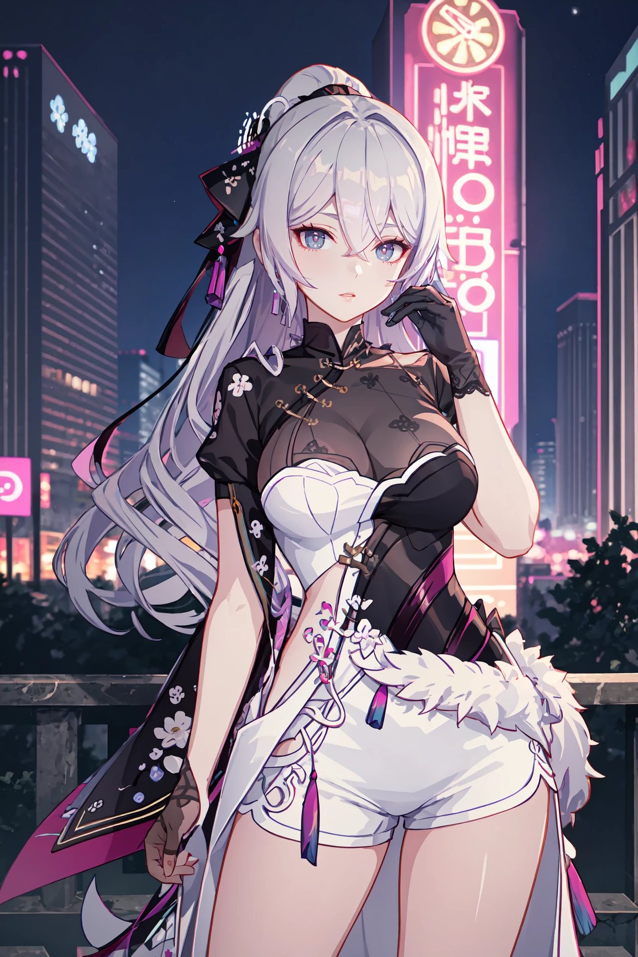 (extremely detailed CG unity 8k wallpaper,masterpiece, best quality, ultra-detailed, beautiful detailed eyes:1.2), 1girl, bronya-qipao, mismatched gloves, solo, full body, china dress, white shorts, night, cowboy shot, cityscape, depth of field