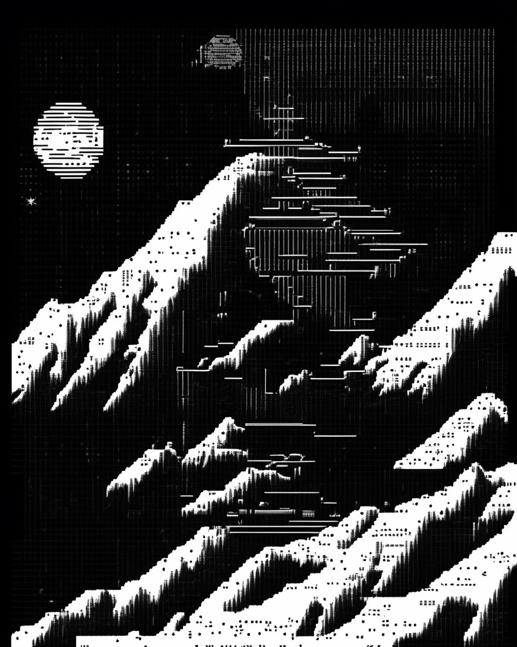 ascii art of a futuristic space station with a snow covered mountain in the background ,   ascii_art , <lora:ascii_art-sdxl:0.8>