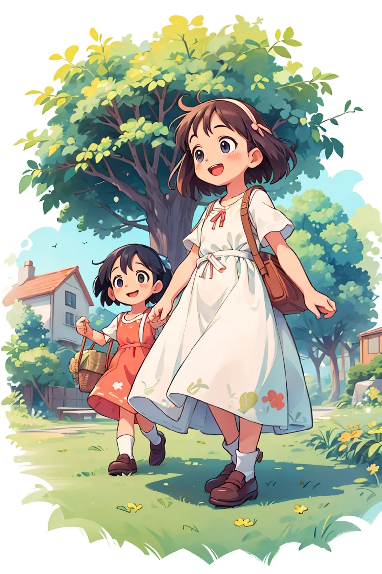 ((best quality, masterpiece)), dramatic, Happy 1girl. Bucolic style. Women's children's clothing. Smooth color. Simple art. Ghibli studio style.