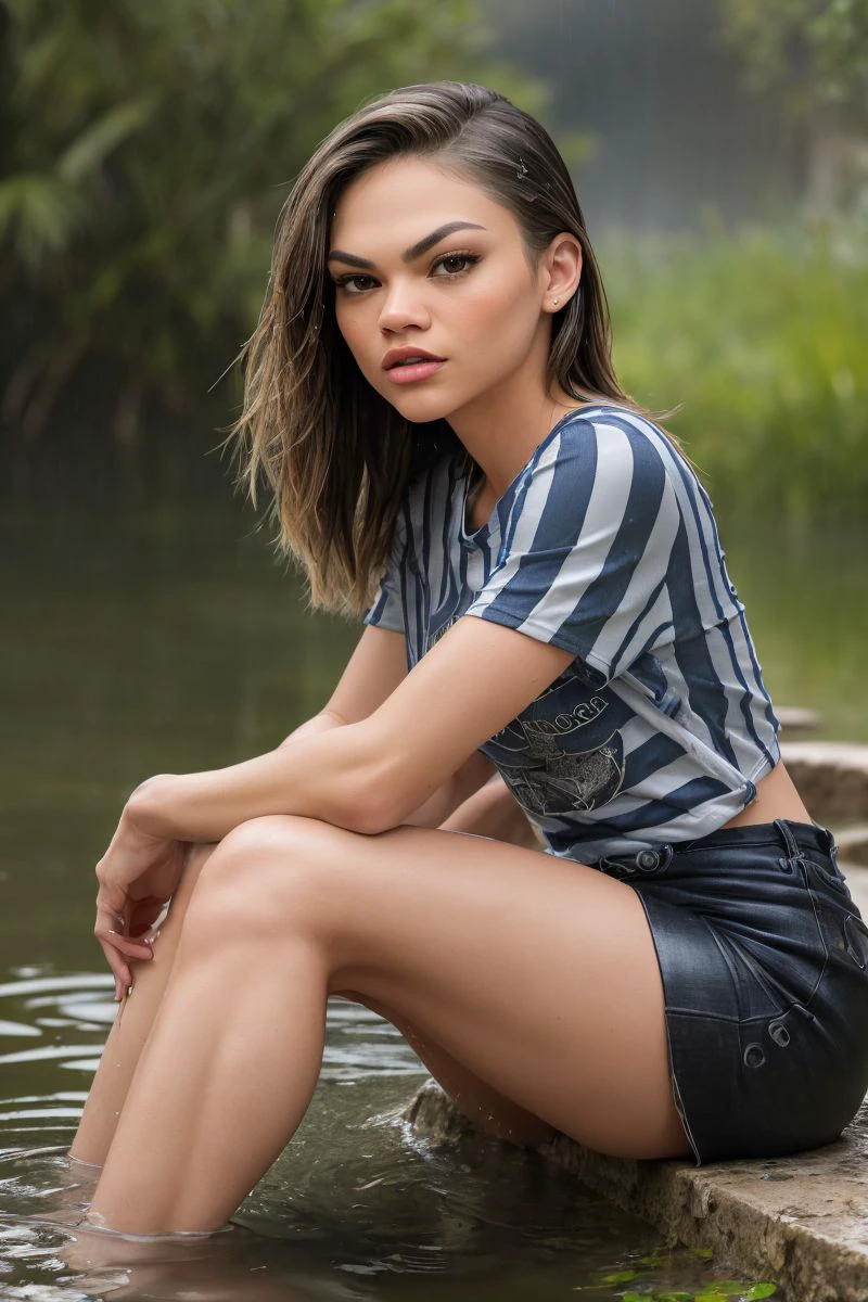 photo of S140_AthenaFaris, a beautiful woman, sitting in a (swamp:1.2), wearing a (striped t-shirt:1.2), (rainstorm:1.2), (8k, RAW photo, best quality, depth of field, ultra high res:1.2), (absurdres, intricate, photorealistic, masterpiece, ultra-detailed:1.3)