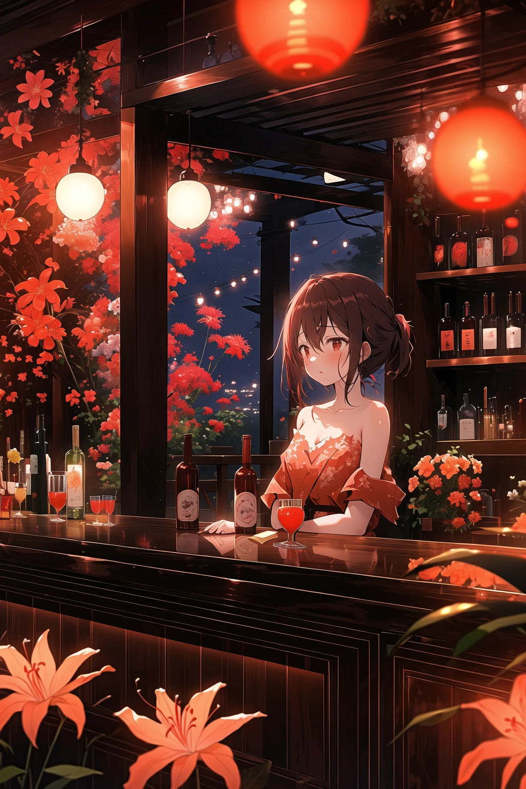 masterpiece, best quality, 1girl, red spider lily, blurry, at night, (bar:1.2), bottle, bare shoulder, red theme, flower field, <lora:spider_lily-000010:0.8>