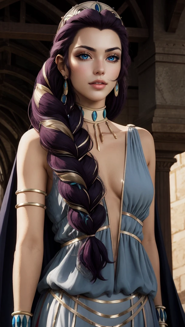 masterpiece, best quality,upper body, solo, absurdres,scenery, <lora:CARTOON_Hera_bloodofzeus_aiwaifu-10:0.8>, Hera_bloodofzeus_aiwaifu,aiwaifu,long_hair,jewelry,earrings,makeup,lipstick,blue_eyes,braid,purple_hair,breasts,dress,bracelet,single_braid,eyelashes,hoop_earrings,cape,very_long_hair,cleavage,eyearmlet,two-tone_hair,choker,asymmetrical_hair,long_skirt,side_slit,armband,bangle,blue_dress, ultra specular detailed, amazing artwork,intricate details,light,attractive, intricate detailed blurry_background,(well defined perfect hands, high detailed skin,detailed face:0.3), (scenery, golden_ratio,highres, incredibly_absurdres:0.2),(scenery,sidelighting,masterpiece:0.5),