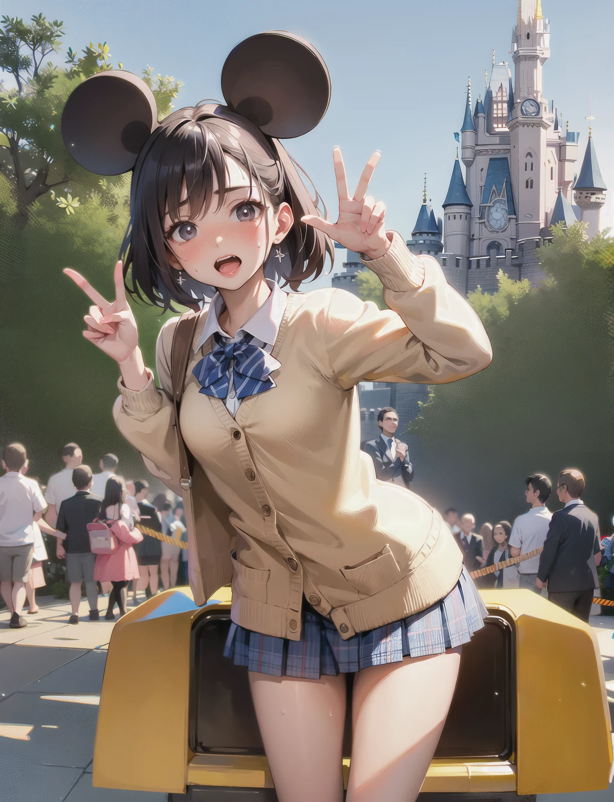 masterpiece, best quality,
1young girl standing,small breast,looking at viewer,surprised, (open mouth:0.5),(nose blush,sweat),peace sign,
<lora:jk fashion_v2:0.8>,jk fashion, cardigan,
day,in a disney land,Castle,mickey mouse,Rides, Parades,Fantasyland, Adventureland, Costumes, Souvenirs,