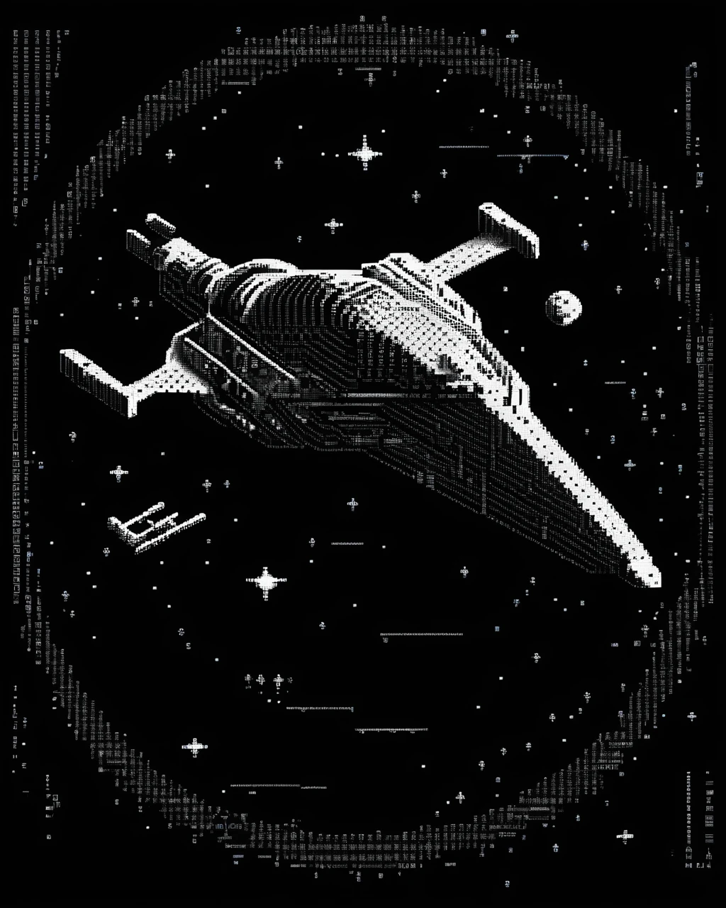ascii art of a spaceship flying over a planet with a star in the background , ascii_art , <lora:ascii_art-sdxl:0.8>