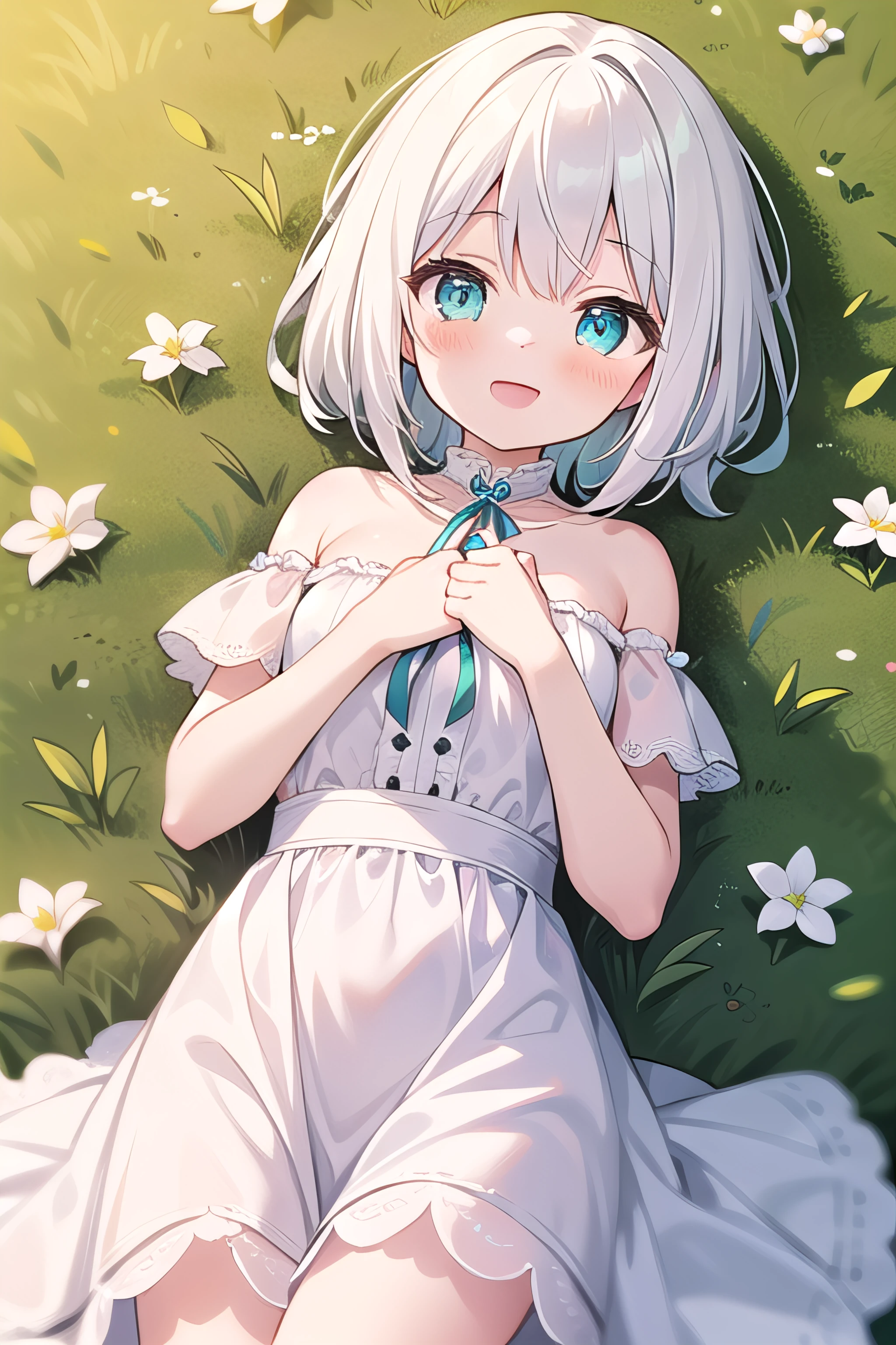 parfect anatomy、one girls、Very delicate and beautiful woman、short-hair、lying in a beautiful flower field、Lying on your back、robe blanche、artistic、top-quality、ultra-detailliert、masuter piece、8k、Captured from above、Professional Photographer、50mmlens