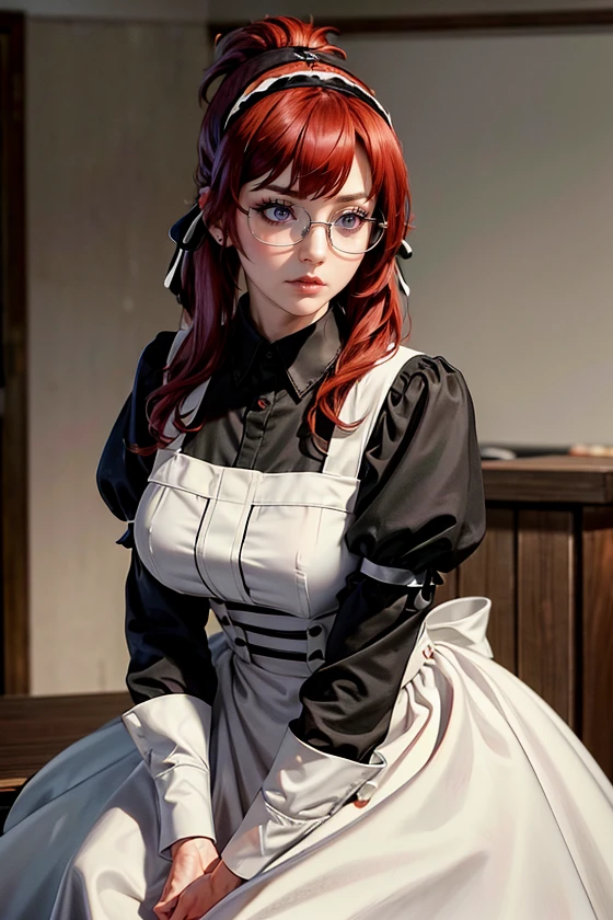 (masterpiece:1.4),(best quality:1.4),(absurdres:1.4),pin-up,	<lora:ANIME_LiliaGreyrat_aiwaifu-10:0.45>>,	LiliaGreyrat_aiwaifu,red hair,long hair,glasses,hairband,purple eyes,bangs,large breasts,maid headdress,ribbon,semi-rimless eyewear,hair ribbon,under-rim eyewear,hair between eyes,black ribbon,folded ponytail,ponytail,sidelocks,maid,apron,long sleeves,maid headdress,shirt,dress,black shirt,puffy sleeves,black dress,juliet sleeves,maid apron,white apron,collared shirt,garter straps,garter belt,wrist cuffs,long dress,		(absurdres, highres, incredibly_absurdres:1.4),scenery,masterpiece,