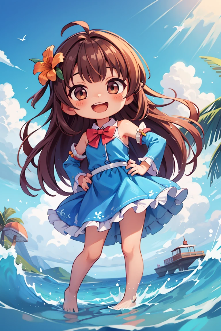 (chibi:1.2),masterpiece,best quality,dramatic, 1girl, solo, long hair, brown hair, detached sleeves, open mouth, smile, outdoors, water, sky, day, hand on hip, hair ornament, pointing, cloud, ocean, dress, blush, blue dress, wading, blue sky, bow, standing, :d, frills, beach, bangs, barefoot, hair flower, skirt, ^_^, facing viewer, bowtie, teeth, <lyco:GoodHands-beta2:1.0> <lora:more_details:0.3>,