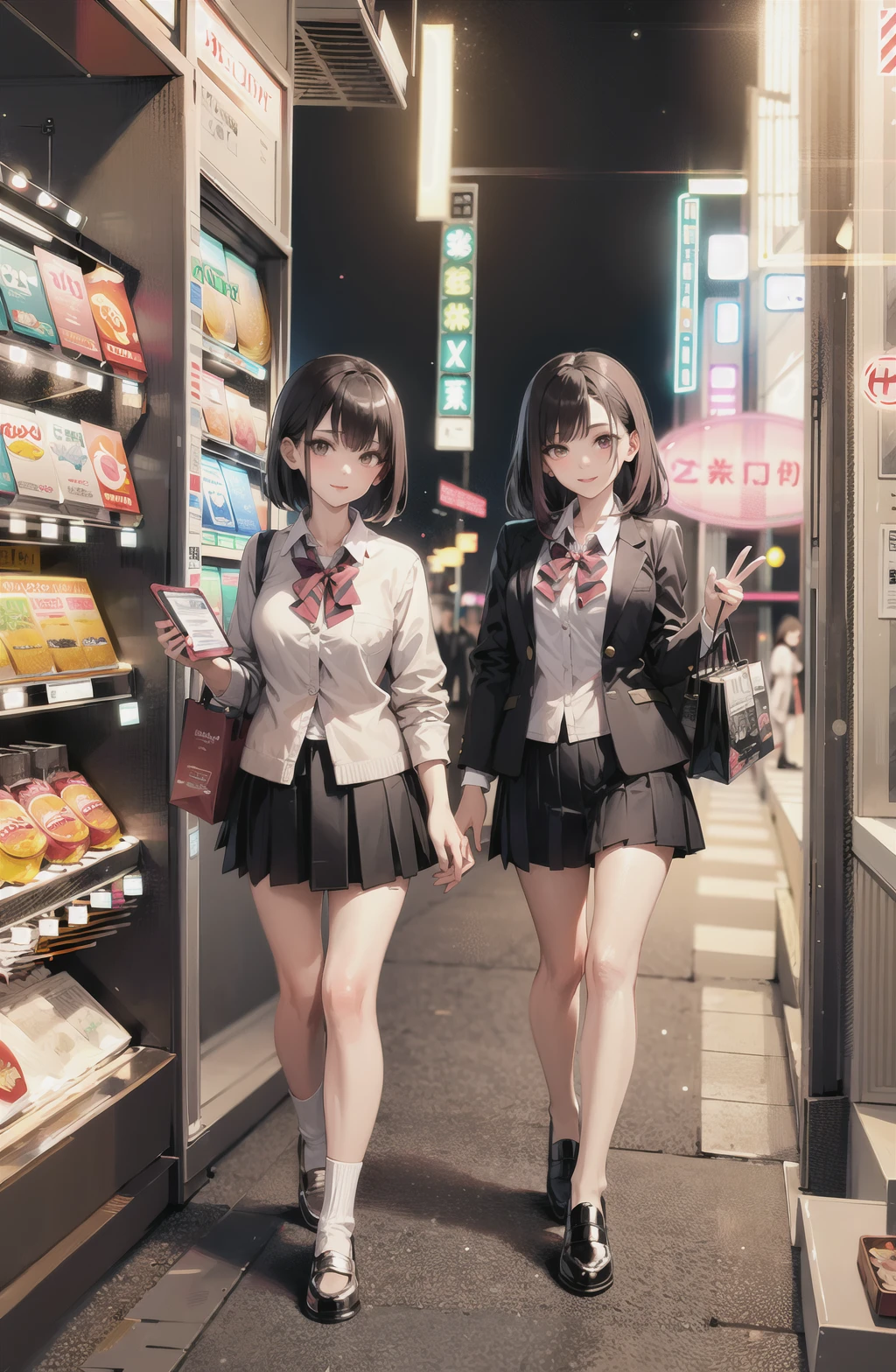 masterpiece, best quality,
full body,small breast,
2 young girls,jk fashion, looking at viewer,
<lora:jk fashion_v2:0.8>,
night, street, shop, store, neon,