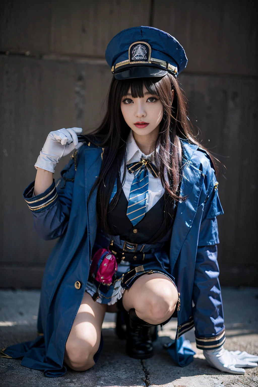 best quality, masterpiece, realistic, (photorealistic:1.4), 1girl, solo, full body, diesel cosplay costume, cosplay, jacket, hat, gloves, necktie, boots, simple background, <lora:nikke_diesel_cosplay_costume_v1:0.65>