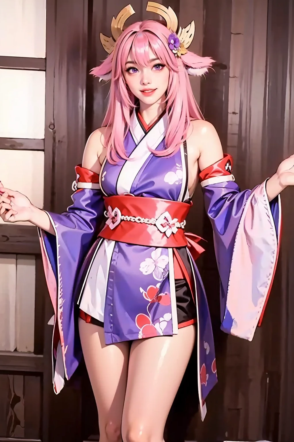 face lighting,bright backlight,super high resolution,best quality,Photos,4k,(Realistic:1.2),huli,1girl,(hair_ornament:1.2),(fake animal ears:0.7),pink hair,long long hair,smile,purple eyes,japanese clothes,wide sleeves,(full_shot:1.2),thigh,<lora:huli_10:0.9>,