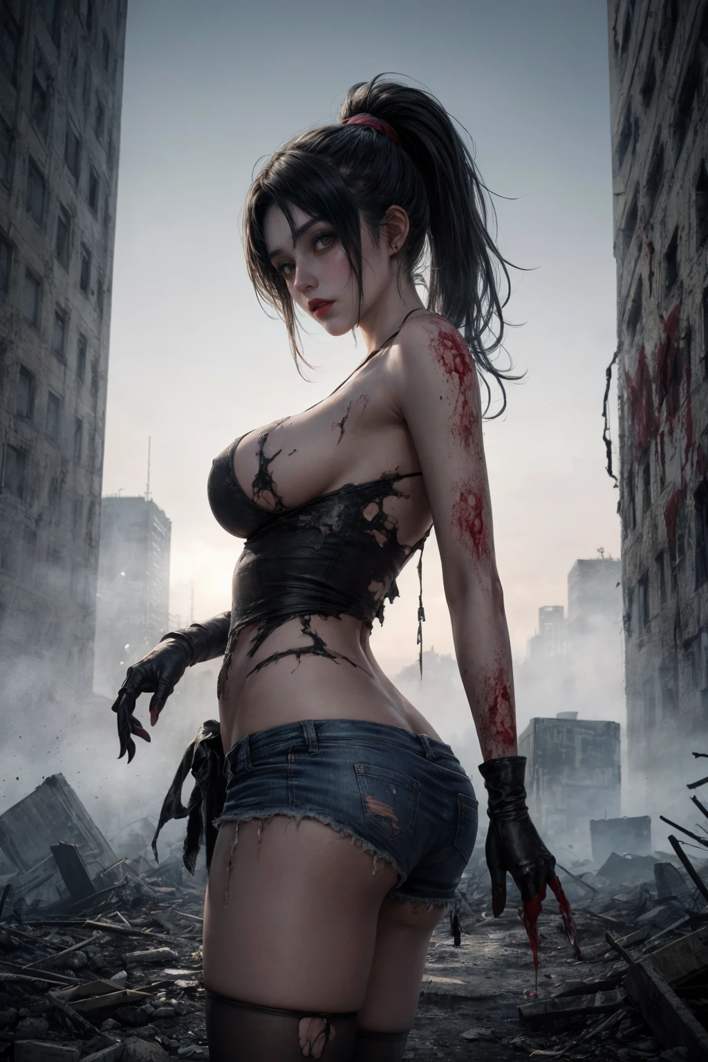1 y post apocalyptic Cyberpunk girl, close up cowboy shot, big(tattoos on (breasts))), ((eared with dirt, ((oil)) and blood stains)), wound on body, arms and shoulders covered with rusted metal armor, heavy metal slave collar and shackles on wrists, bound by heavy chains, detailed sad Asian face, (NSFW), futuristic, mechanical aesthetics, complex machinery, high-tech futuristic (ruined post apocalyptic) Cyberpunk city in the background, virtual engine 5, cinematic lighting.
