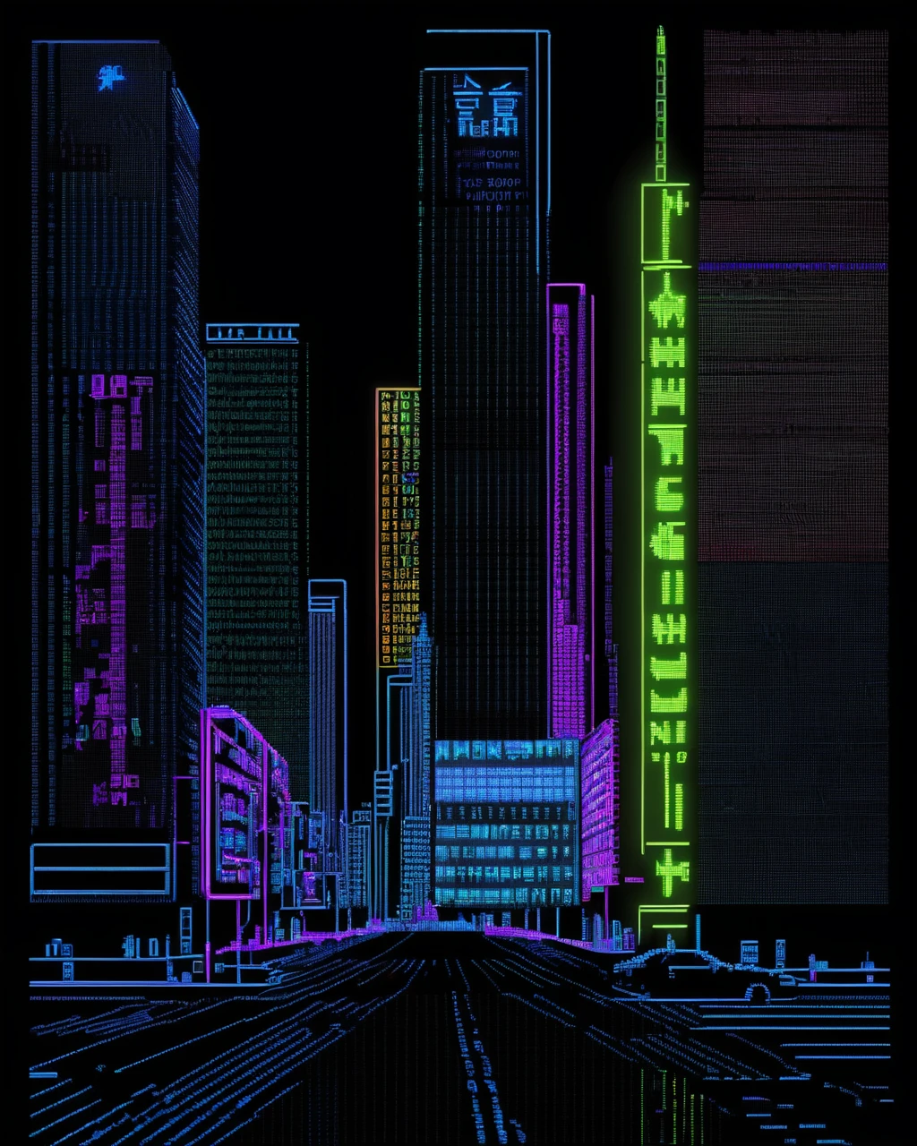 ascii art of a city street with neon signs and a clock , ascii_art , <lora:ascii_art-sdxl:0.8>