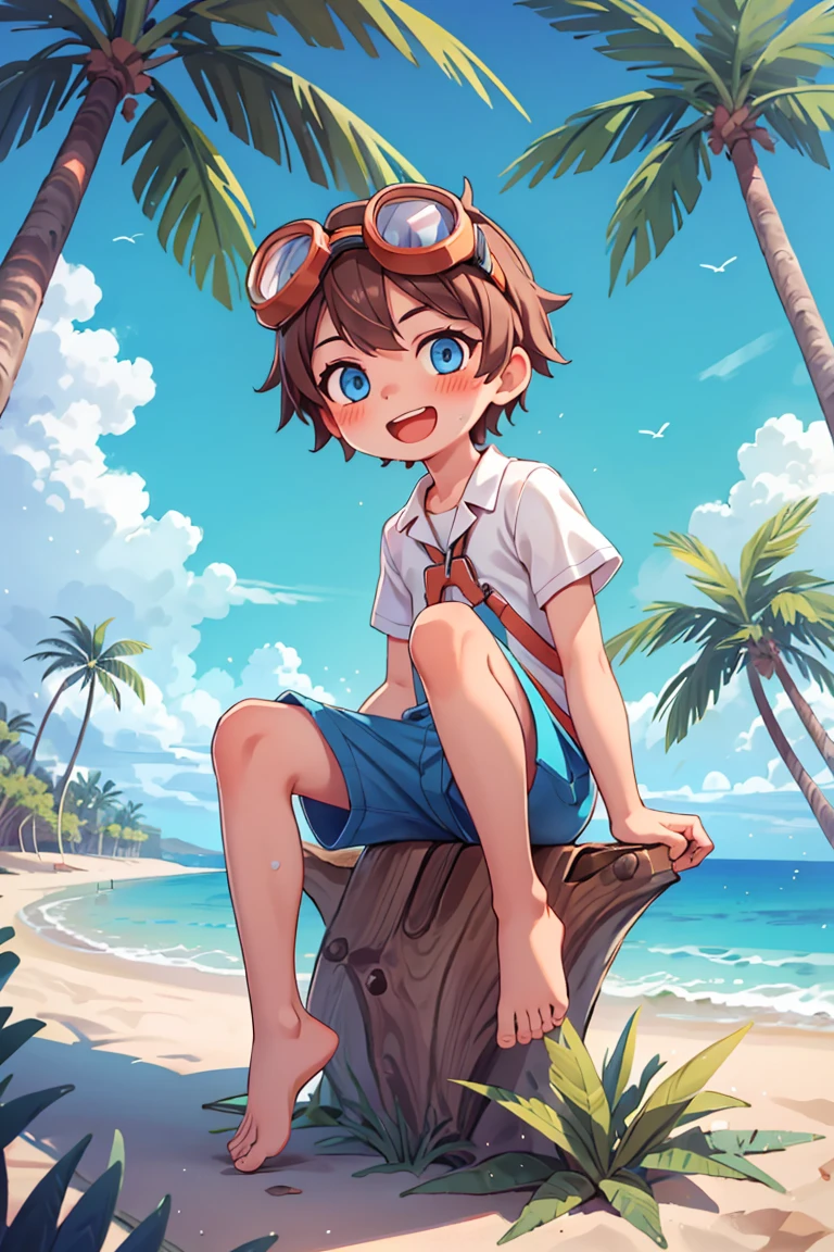 masterpiece,best quality,1boy,solo,goggles on head,male focus,blue eyes,outdoors,barefoot,shorts,open mouth,smile,looking at viewer,sitting,beach,blush,tree,brown hair,sky,palm tree,ocean,day,<lyco:GoodHands-beta2:1.0> <lora:more_details:0.3>,