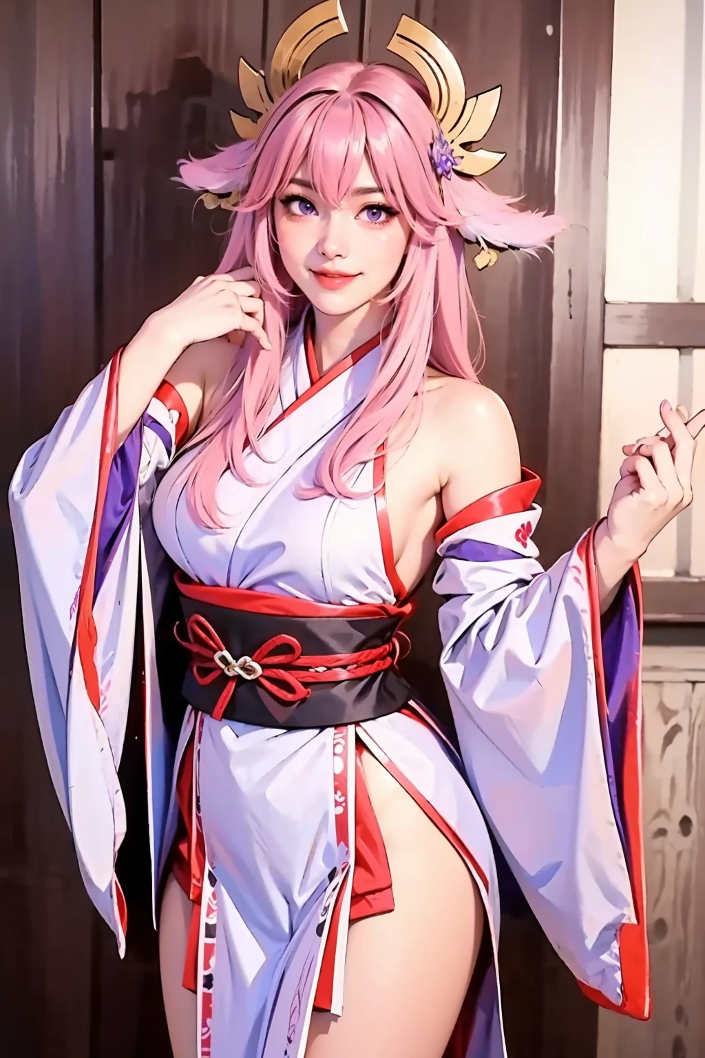 realistic eyes, detailed shadow, looking at viewer, dog ears, detailed lighting,(detailed hair, realistic hair, realistic lighting, realistic shadow, realistic outfit), realistic skin, (gun on waist:1), realistic reflection of light from above,((arms behind back)),(hands behind),tube top,sexy,night,stockings,naked,big boobs,big breast,cherry blossoms, white skirt, white dress,full body,japanese shrine,pink filte