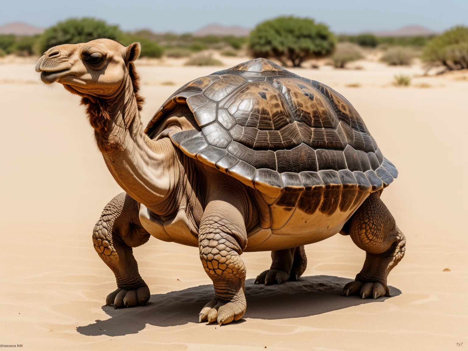 a full shot of a hybrid with turtle body and( camel head:1.2), ultra detailled, photo, canon m50, 200mm
<lora:xl_real_beta1:0.7>