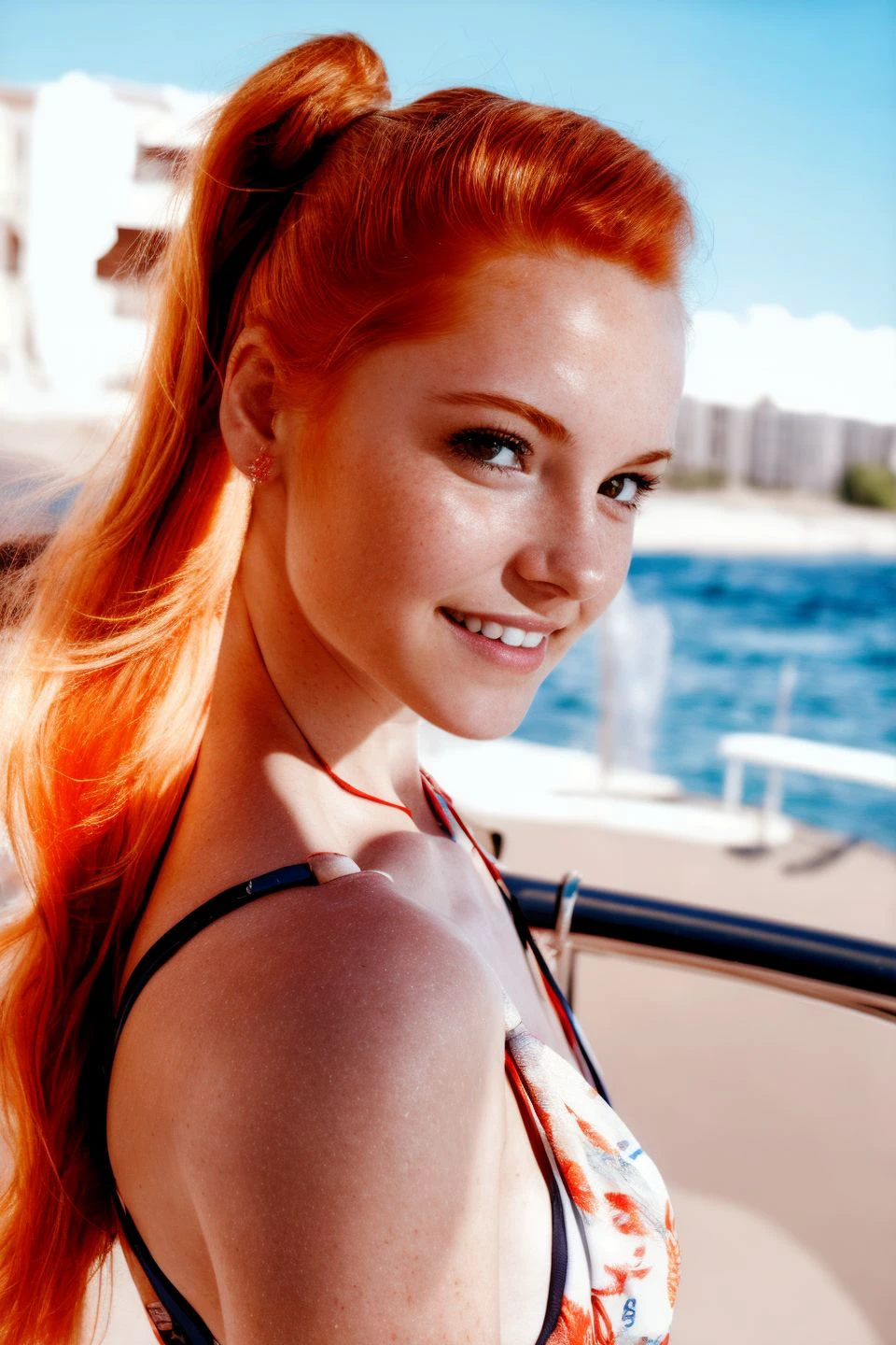 portrait photo of 20 y.o woman, swimsuit, face, smile, redhead, ponytail, half body, body, high detailed skin, skin pores, coastline, sunny weather
(8k, RAW photo, dslr, hdr, highest quality), (realistic shadows), intricate details, muted colors, professional, soft volumetric lighting, depth of field, film grain, smooth, real life, photographed on a Canon EOS R5, Fujifilm XT3