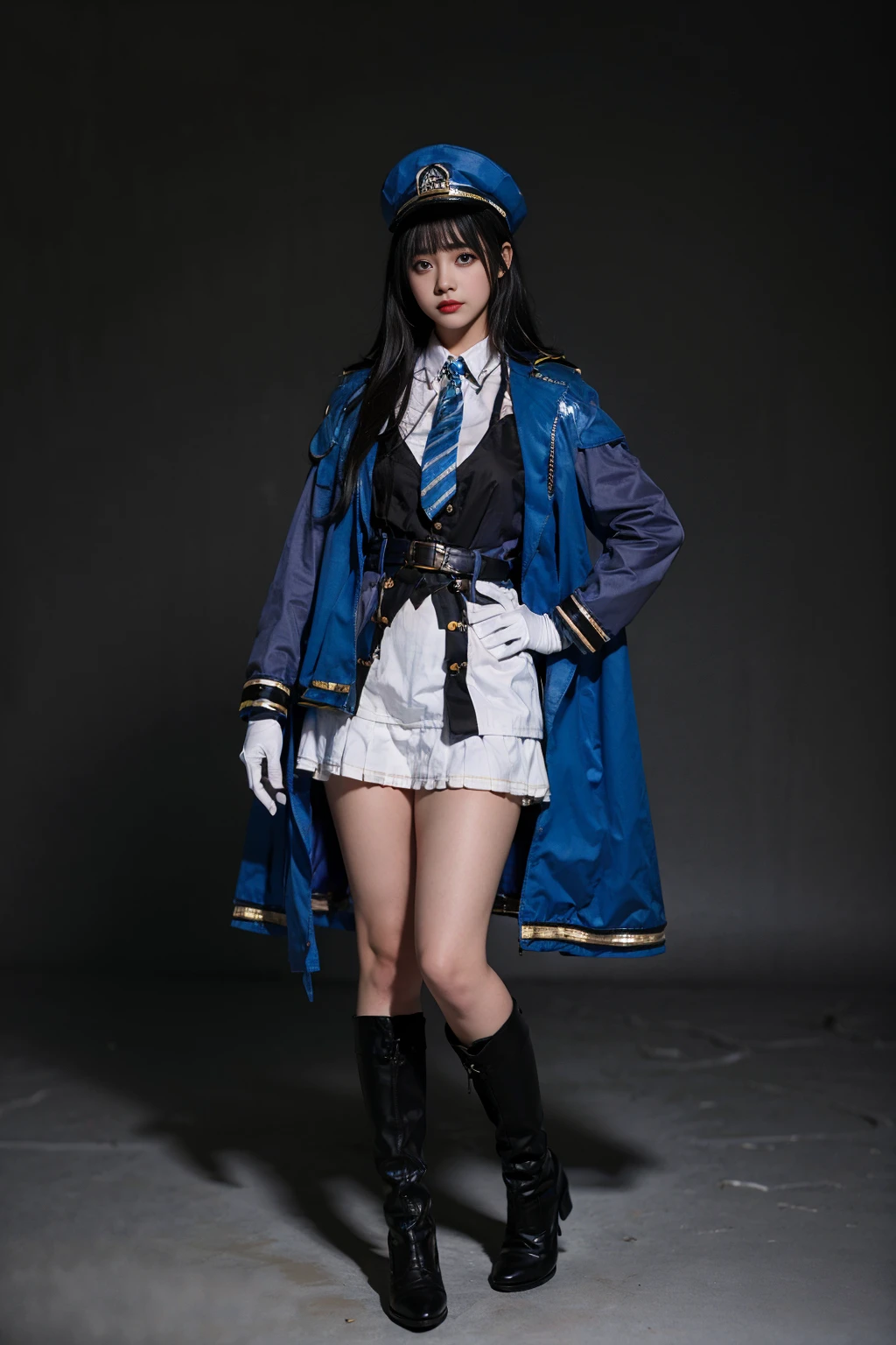 best quality, masterpiece, realistic, (photorealistic:1.4), 1girl, solo, full body, diesel cosplay costume, cosplay, jacket, hat, gloves, necktie, boots, simple background, <lora:nikke_diesel_cosplay_costume_v1:0.65>