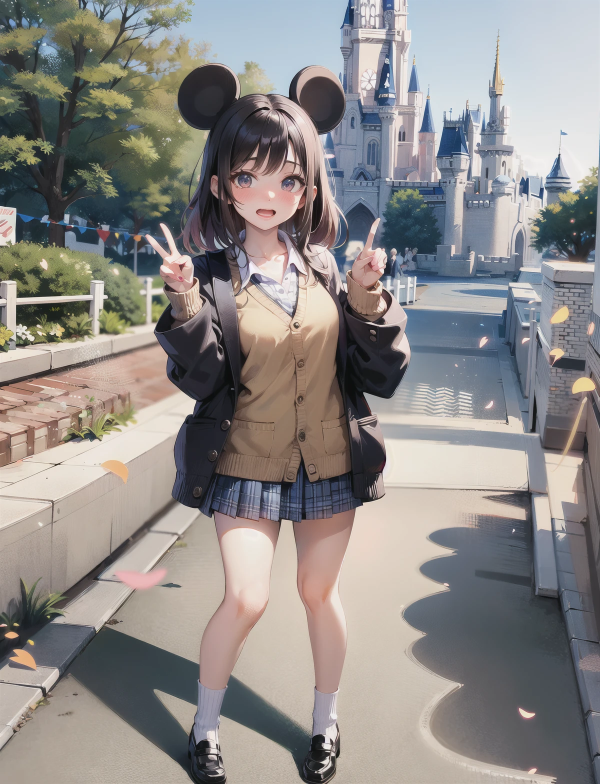masterpiece, best quality,
full body,
ung girl standing,small breast,looking at viewer,surprised, open mouth,nose blush,peace sign,
<lora:jk fashion_v2:0.8>,jk fashion, cardigan,
day,in a disney land,Castle,mickey mouse,Rides, Parades,Fantasyland, Adventureland, Costumes, Souvenirs,