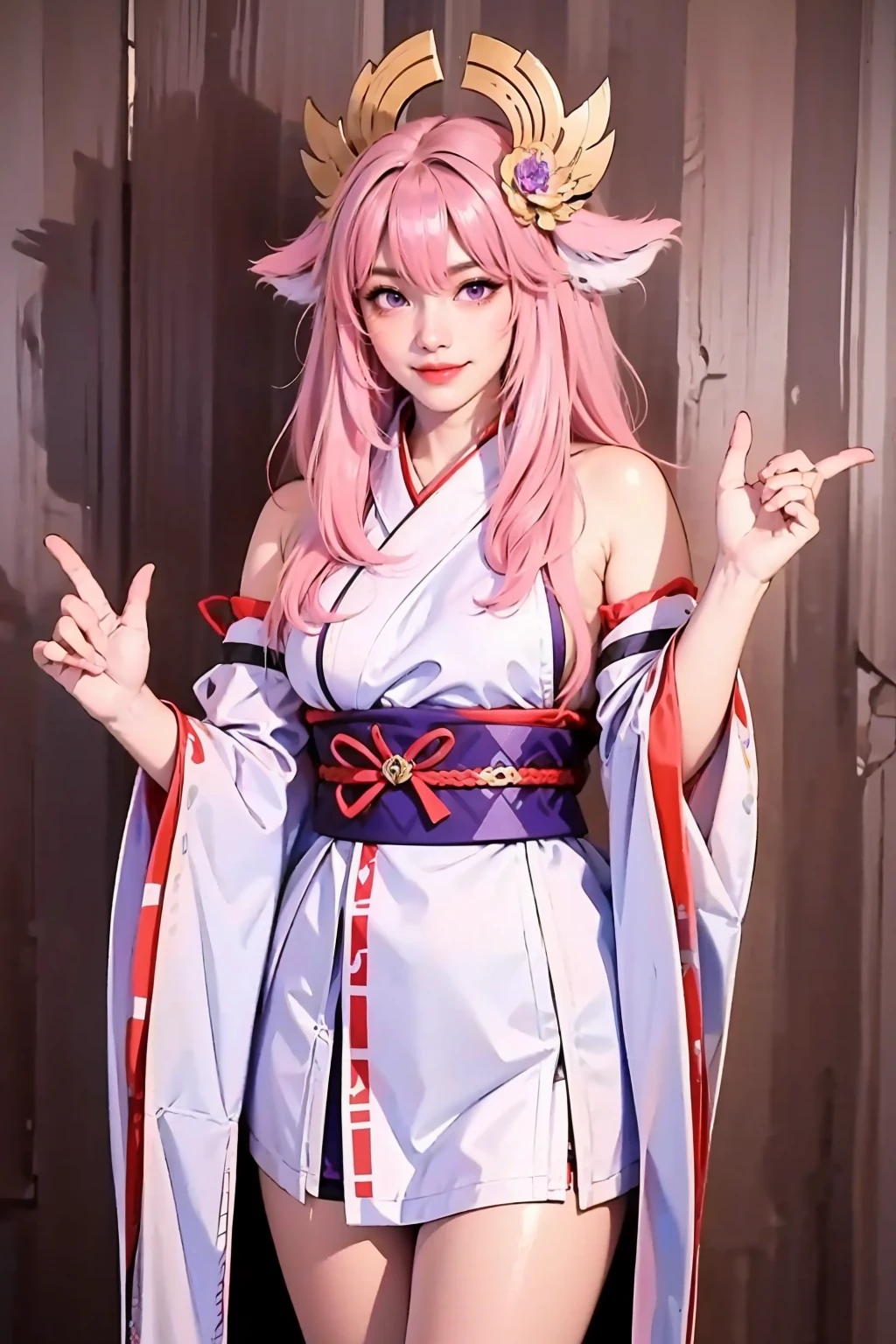 face lighting,bright backlight,super high resolution,best quality,Photos,4k,(Realistic:1.2),huli,1girl,(hair_ornament:1.2),(fake animal ears:0.7),pink hair,long long hair,smile,purple eyes,japanese clothes,wide sleeves,(full_shot:1.2),thigh,<lora:huli_10:0.9>,