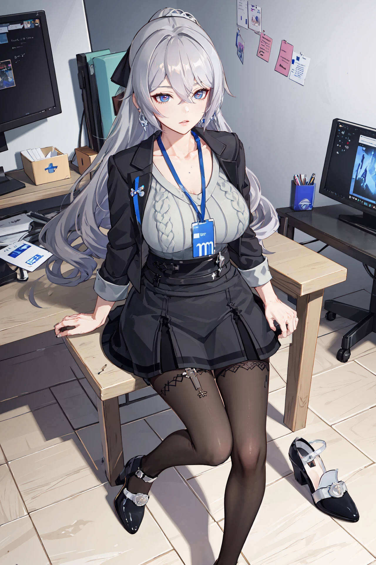 (extremely detailed CG unity 8k wallpaper,masterpiece, best quality, ultra-detailed, beautiful detailed eyes:1.2), 1girl, bronya-OL2, solo, suit jacket, thighband pantyhose, id card, full body, high heels, high-waist skirt, ribbed sweater, sitting, office, indoors, depth of field