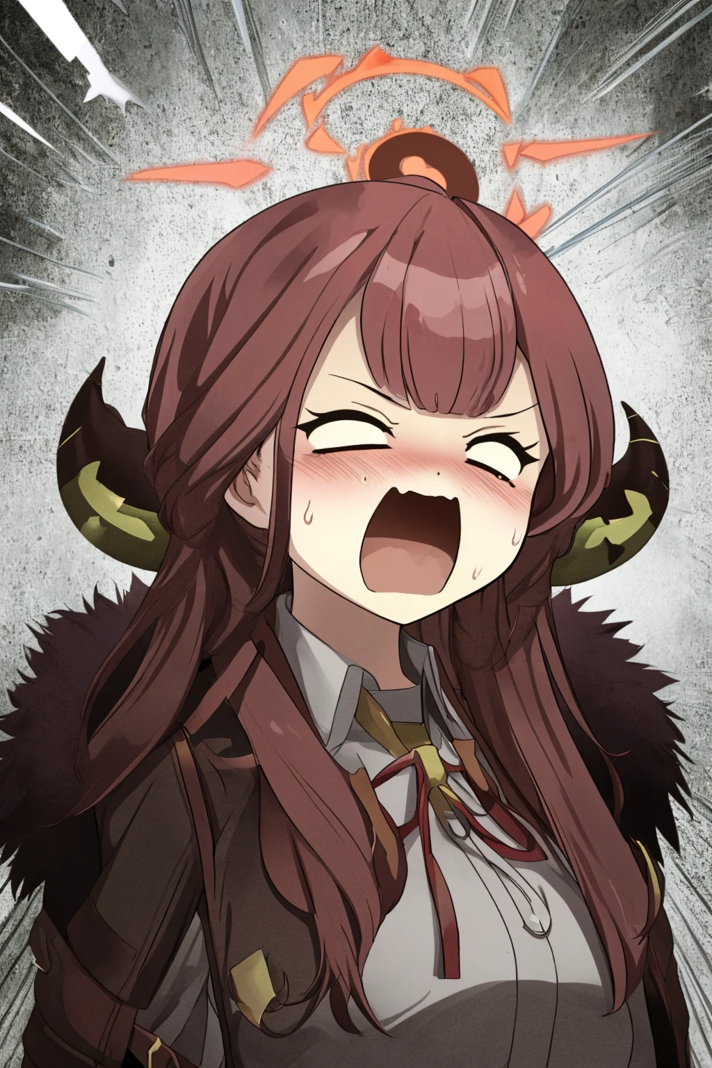 score_9, score_8_up, score_7_up, uncensored, source_anime, 1girl, solo, BREAK aru_\(blue_archive\), horns, halo, collared shirt, focus on face, teary-eyed, drool, half-closed eyes, trembling, rolling eyes, open mouth, frown, angry