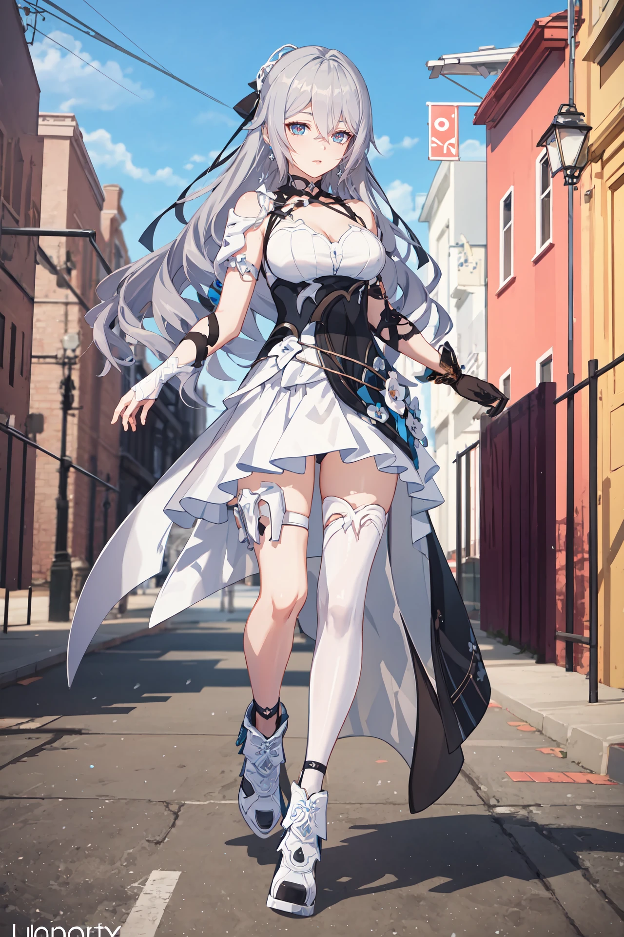 (extremely detailed CG unity 8k wallpaper,masterpiece, best quality, ultra-detailed, beautiful detailed eyes:1.2), 1girl, bronya zaychik \(silverwing: n-ex\), solo, full body, sleeveless dress, single glove, single thighhigh, single sleeve, halterneck, boots, factory, outdoors, depth of field