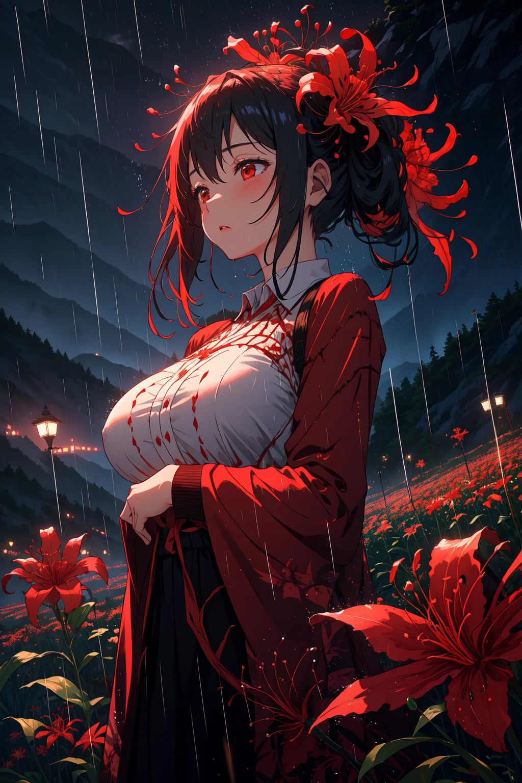 masterpiece, best quality, 1girl, red spider lily, big breasts, too many spider lilies, dof, rainy, flower field, mountain, night, <lora:spider_lily-000010:0.7>