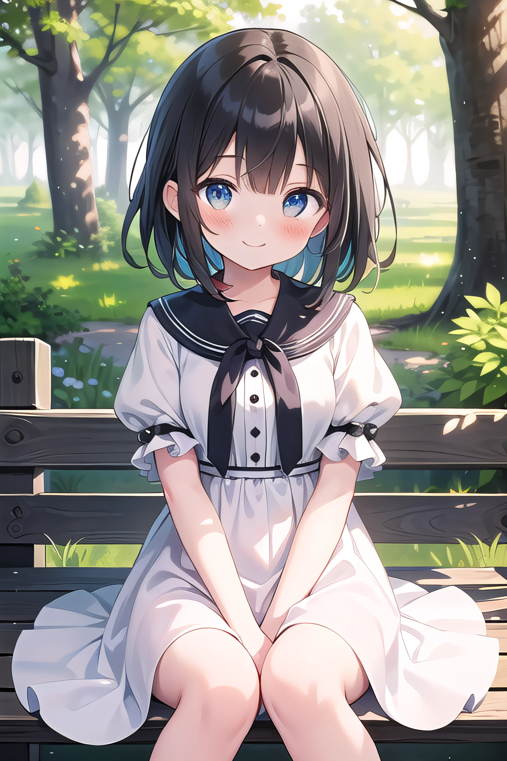 (masterpiece), best quality, outdoors, fantasy, forest, sunlight, dappled sunlight, light particles, 1girl, blush, smile, medium hair, black hair, white dress, puffy sleeves, sitting, looking at viewer